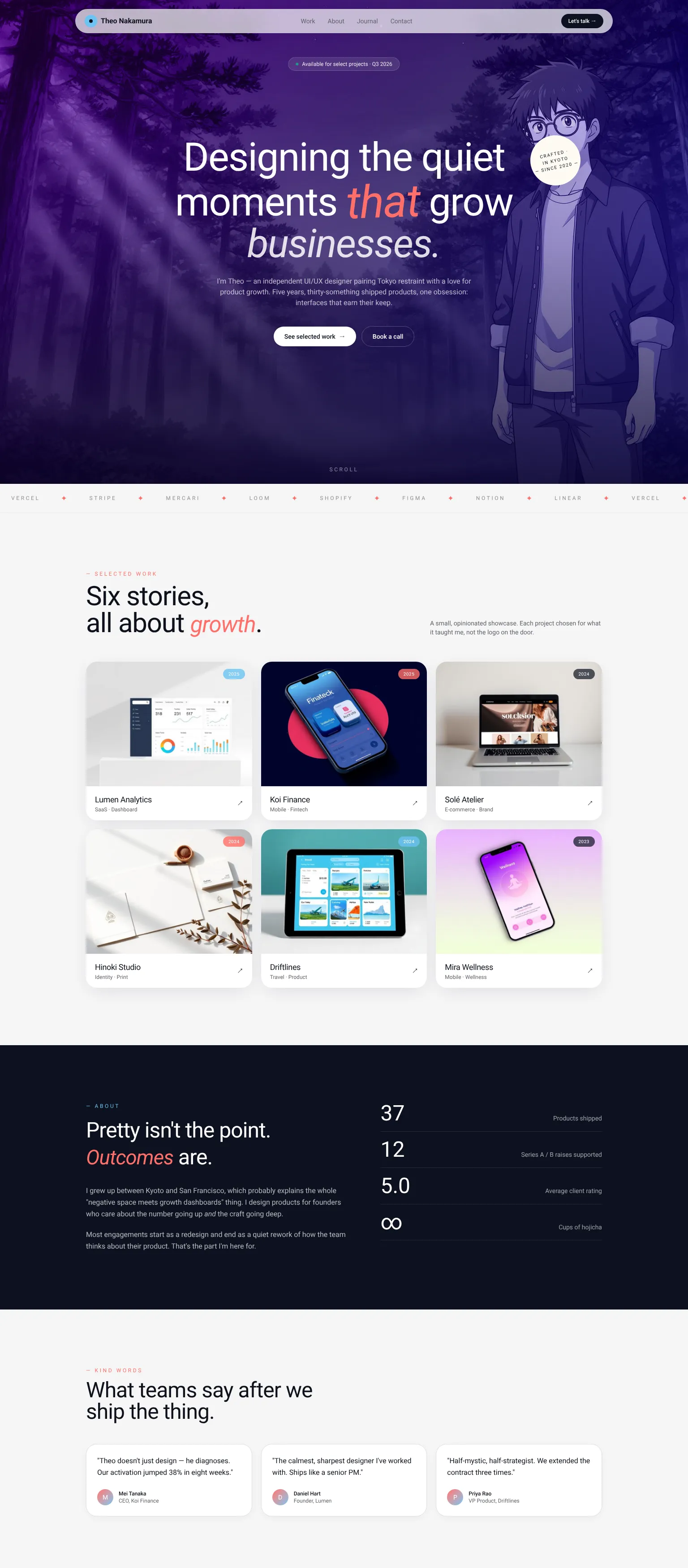 UI/UX design portfolio — minimalist, atmospheric serif-sans hybrid in deep navy, coral, and white. "Designing moments that grow businesses."