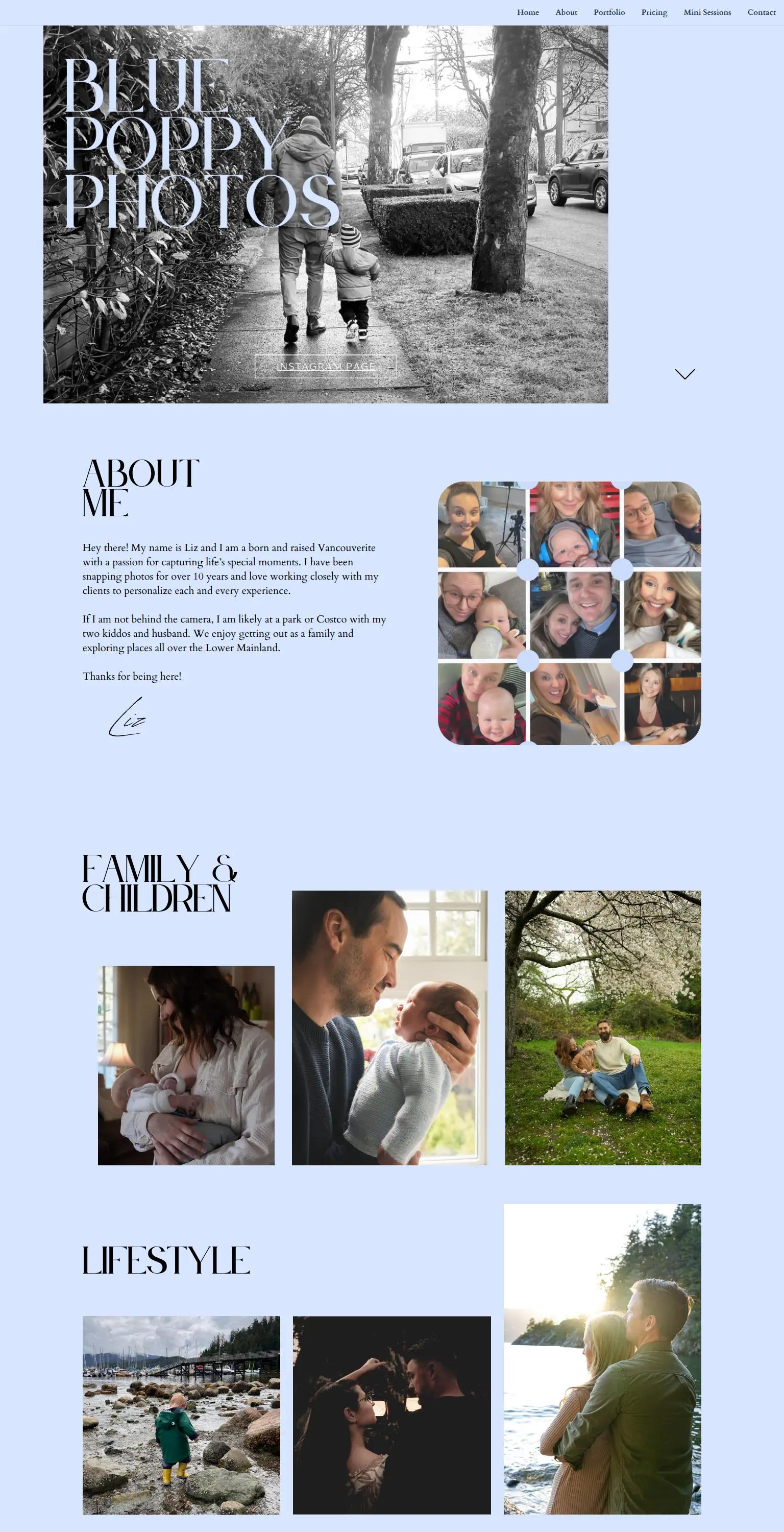 Professional photography website — elegant, intimate serif design in soft blue and black/white. "BLUE POPPY PHOTOS"