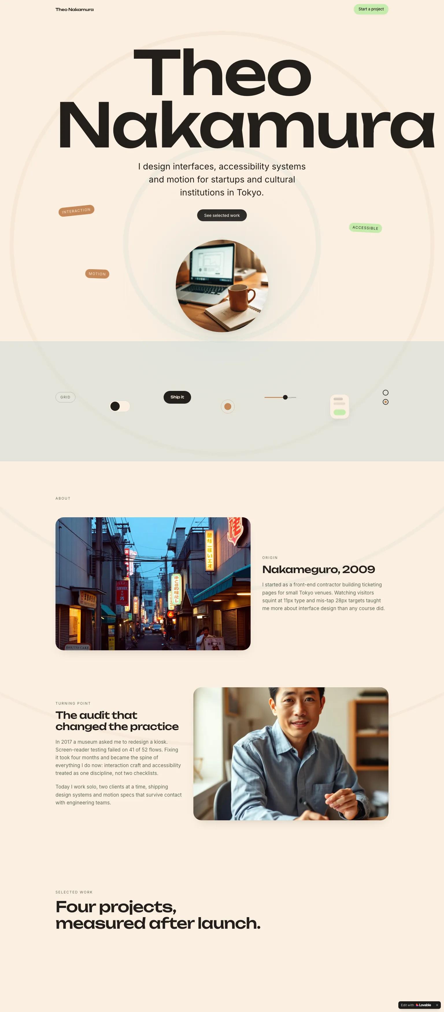 UI/UX designer portfolio — minimal, editorial serif design in cream and muted green. "Theo Nakamura"