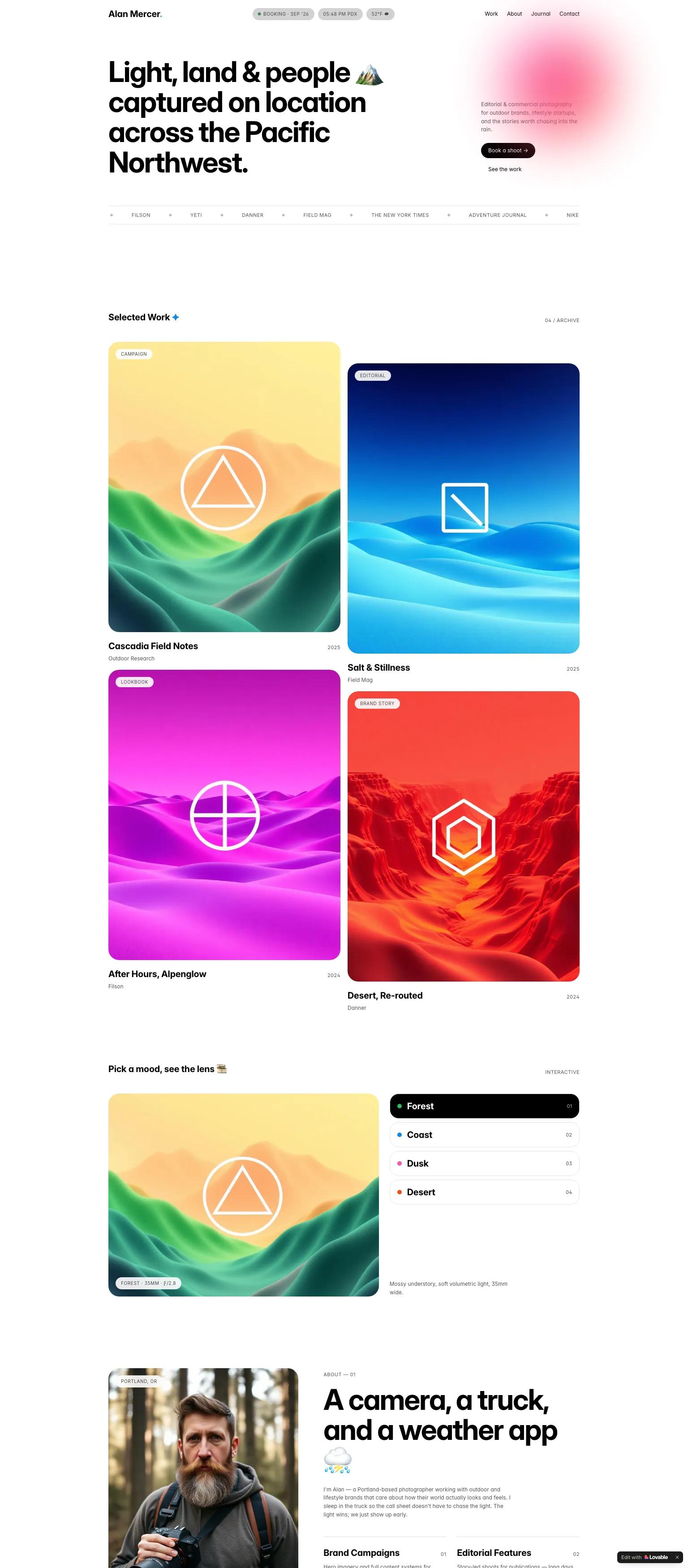 Commercial photography portfolio — minimal, elegant serif and sans-serif design in black, white, and vibrant gradients. "Light, land & people 🏔️ captured on location across the Pacific Northwest."