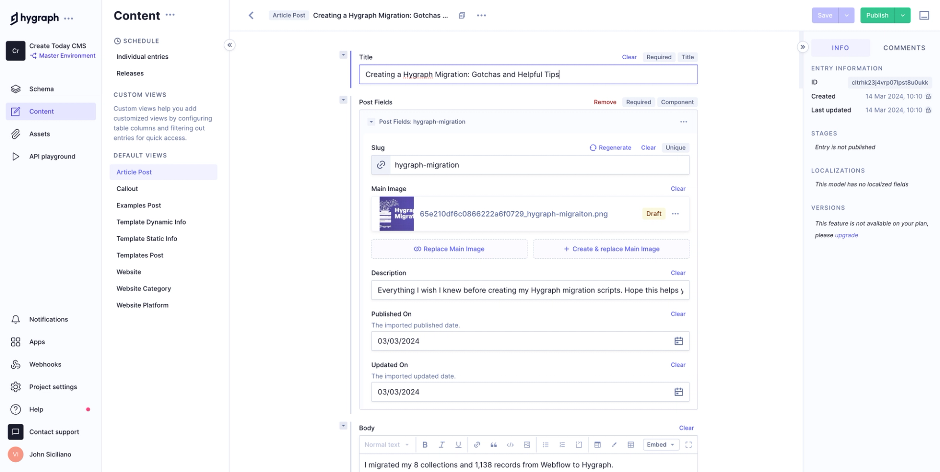 On of my posts in Hygraph