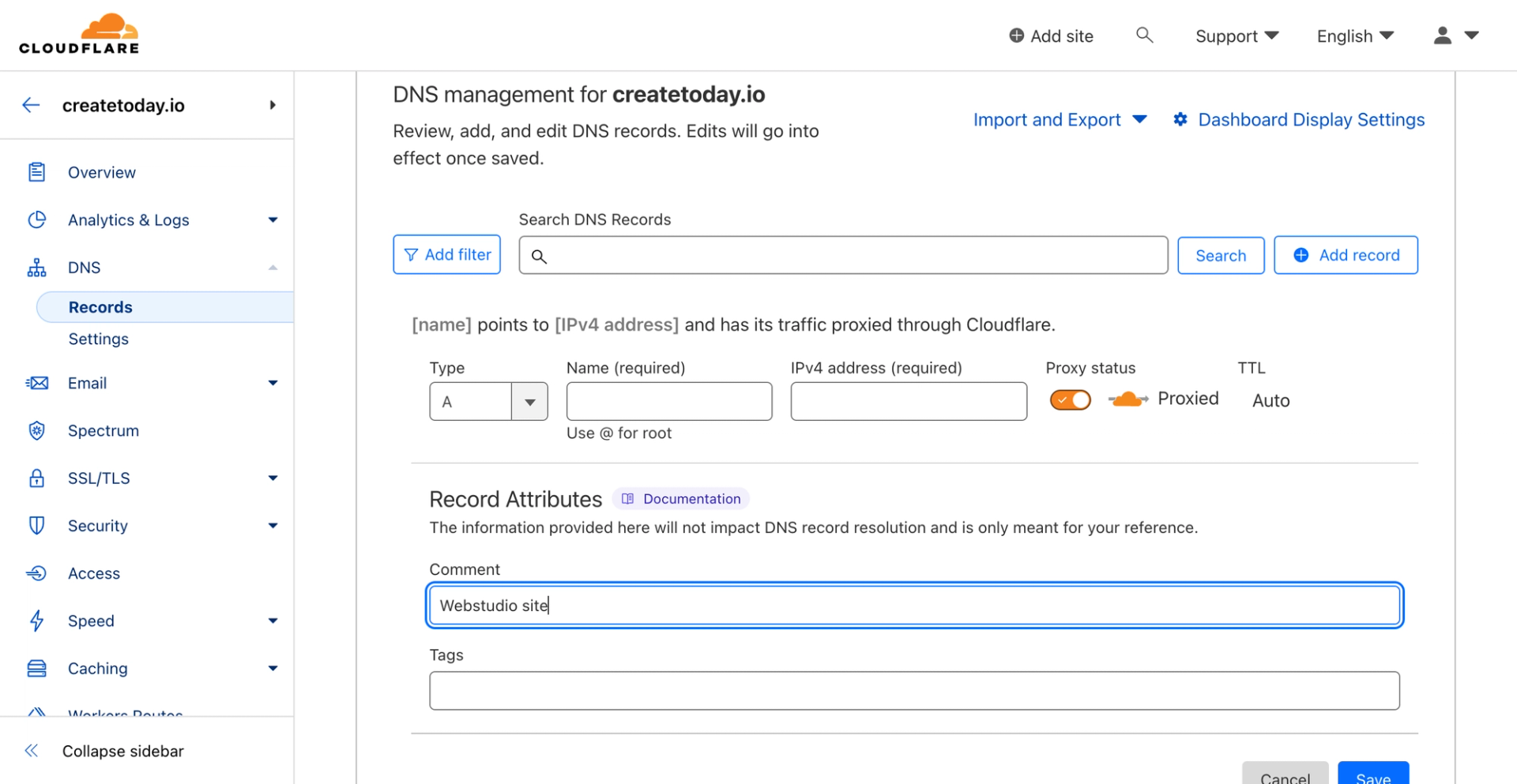 Cloudflare dashboard with Webstudio settings