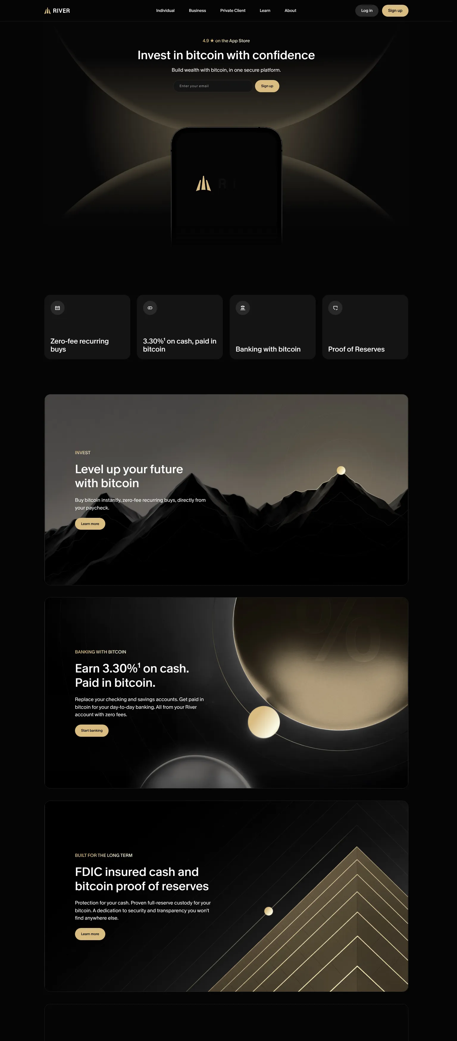 Fintech website — premium dark theme with gold accents and clean sans-serif typography. "Invest in bitcoin with confidence"