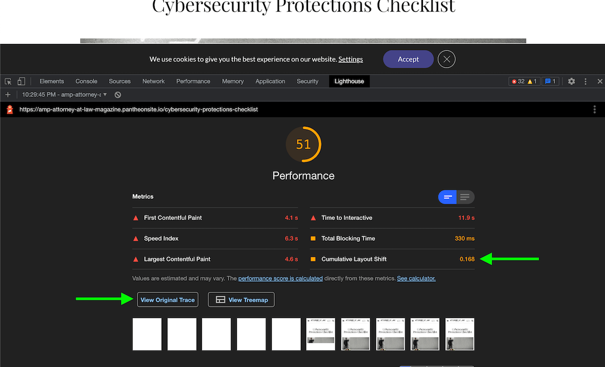 Lighthouse tool in Chrome view original trace and performance score