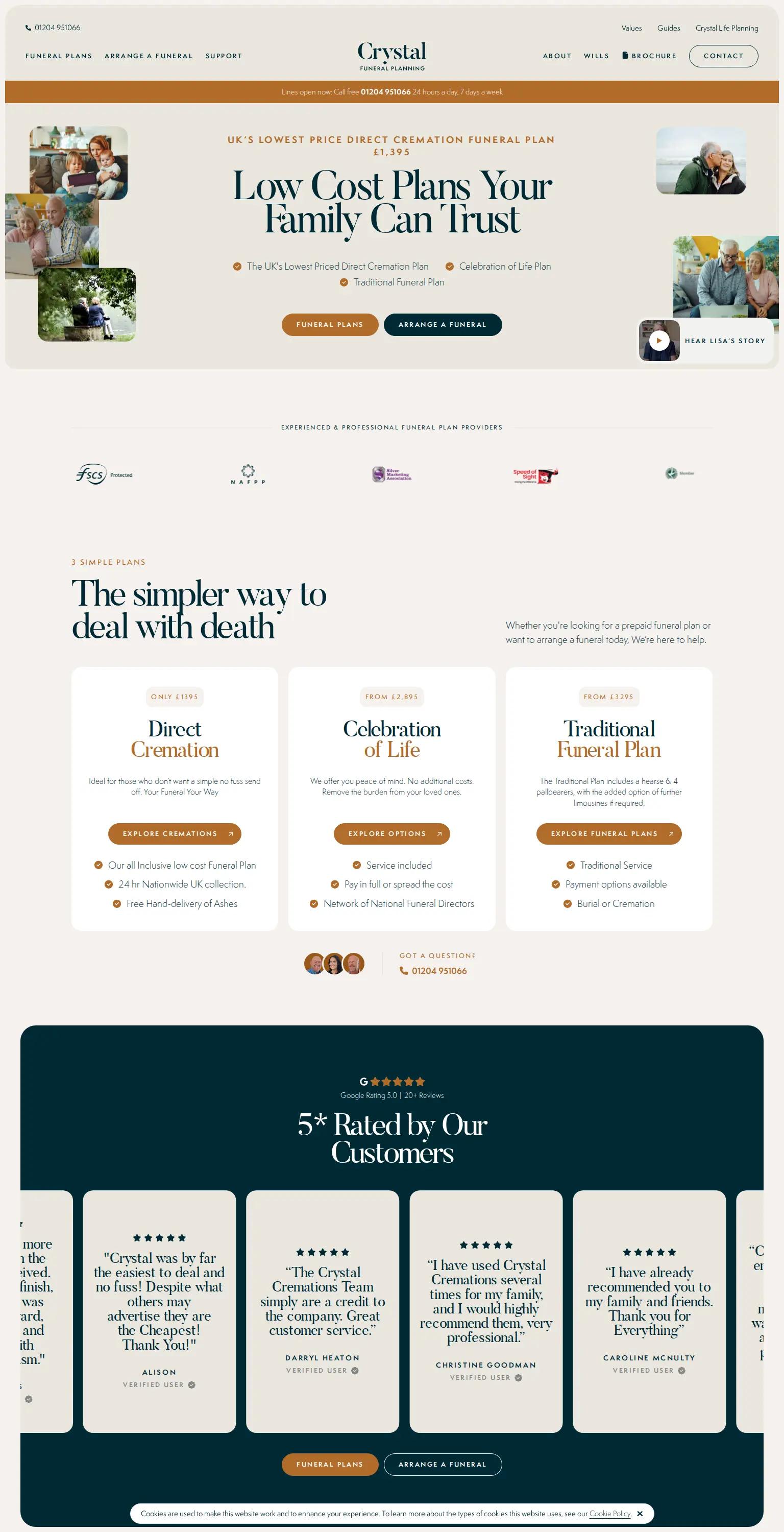 Funeral services website — trustworthy, compassionate serif design in cream, teal, and bronze. "Low Cost Plans Your Family Can Trust"