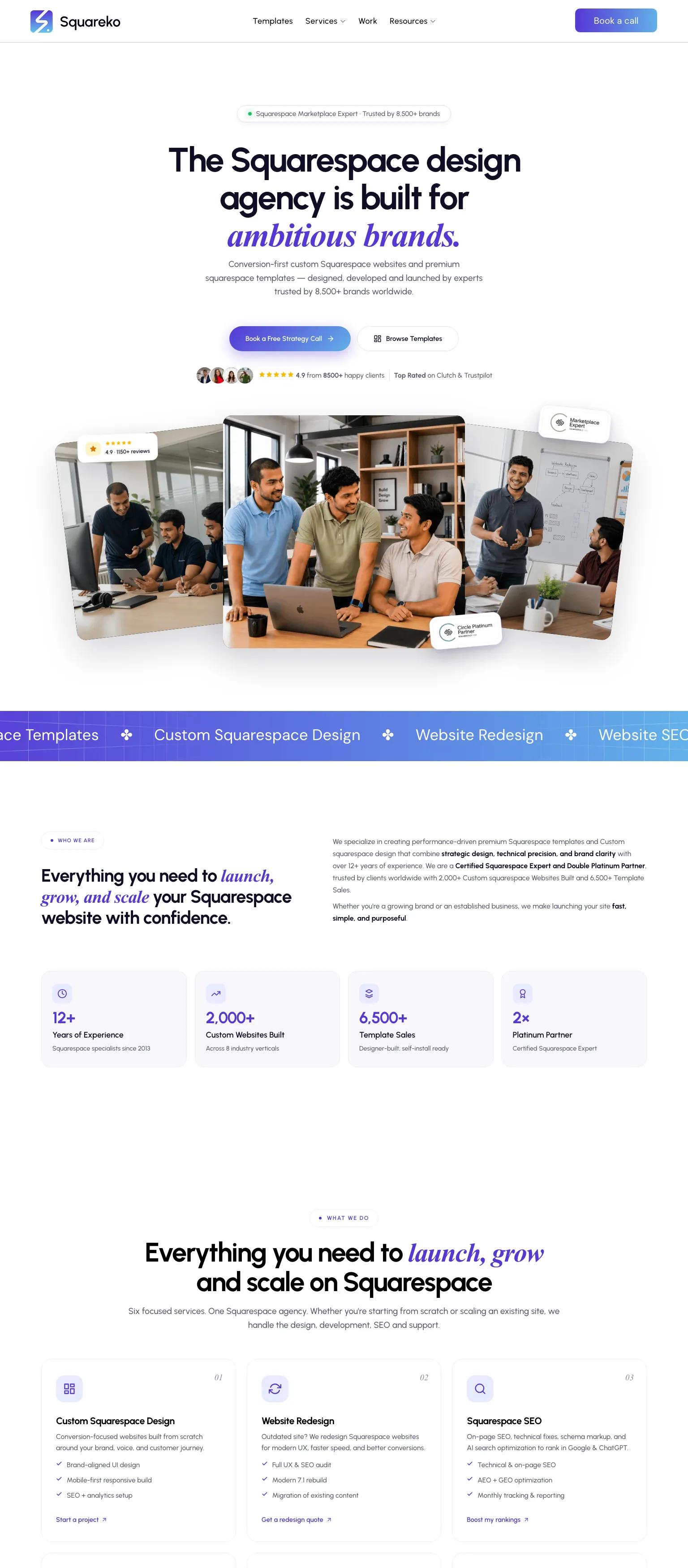Web design agency homepage — modern, clean sans-serif with decorative serif accents in white, purple, and dark gray. "The Squarespace design agency is built for *ambitious brands.*"