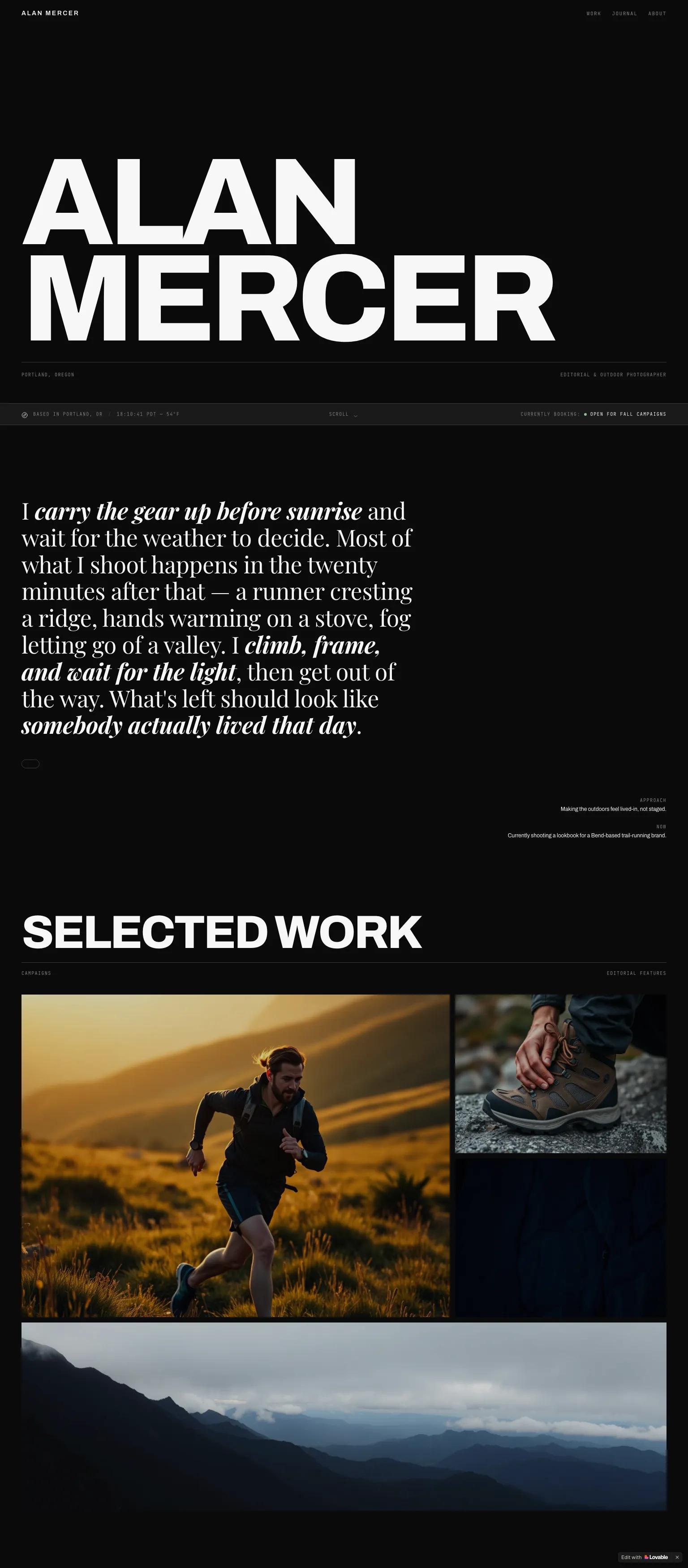Photography portfolio website — minimalist, editorial serif and condensed sans-serif typography in black and white. "ALAN MERCER"