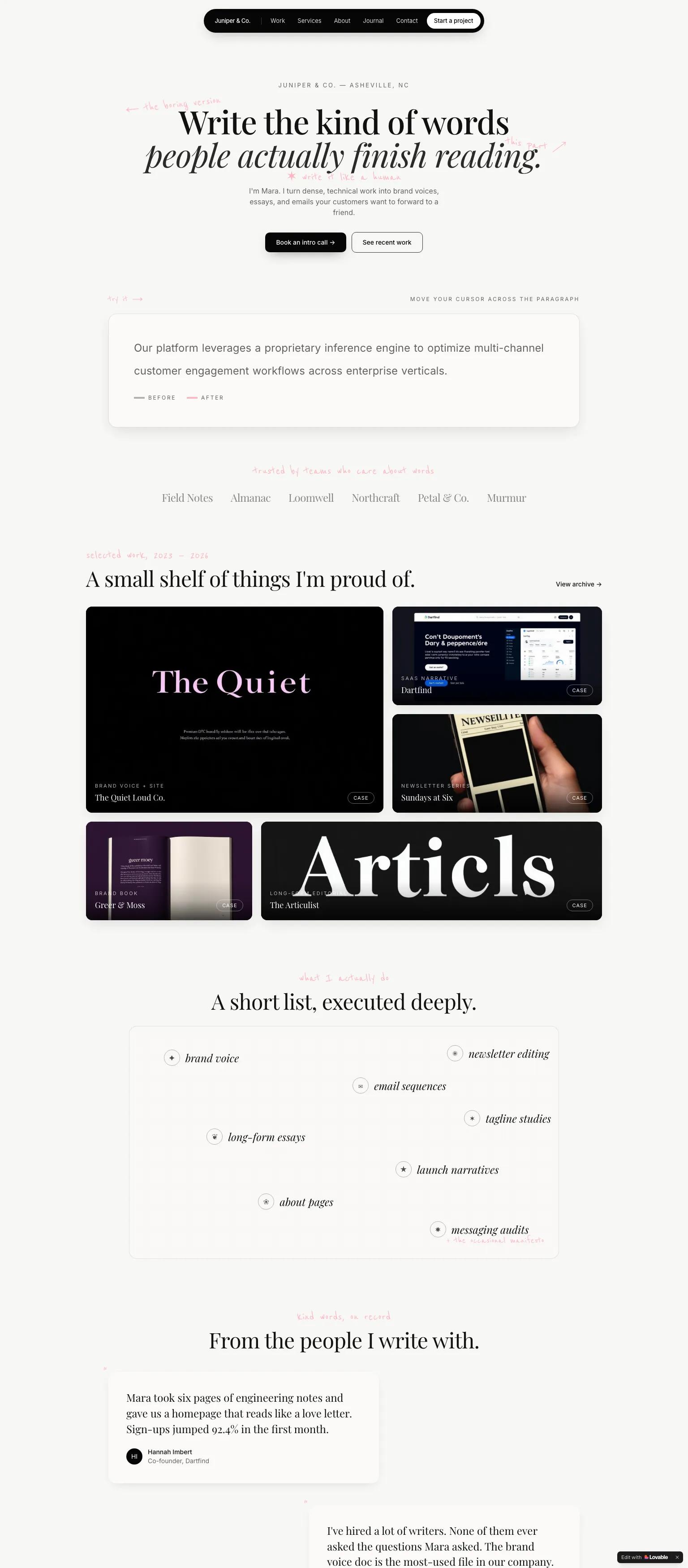 Freelance copywriting website — elegant, minimalist serif design in white, black, and blush pink. "Write the kind of words people actually finish reading."