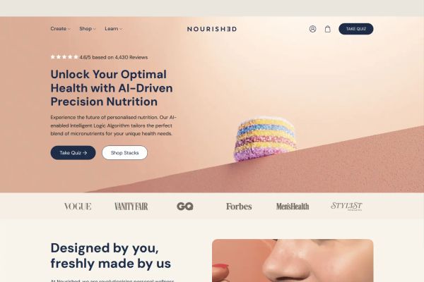 Personalized nutrition website — modern, sophisticated serif design in warm neutrals and navy. "Unlock Your Optimal Health with AI-Driven Precision Nutrition"