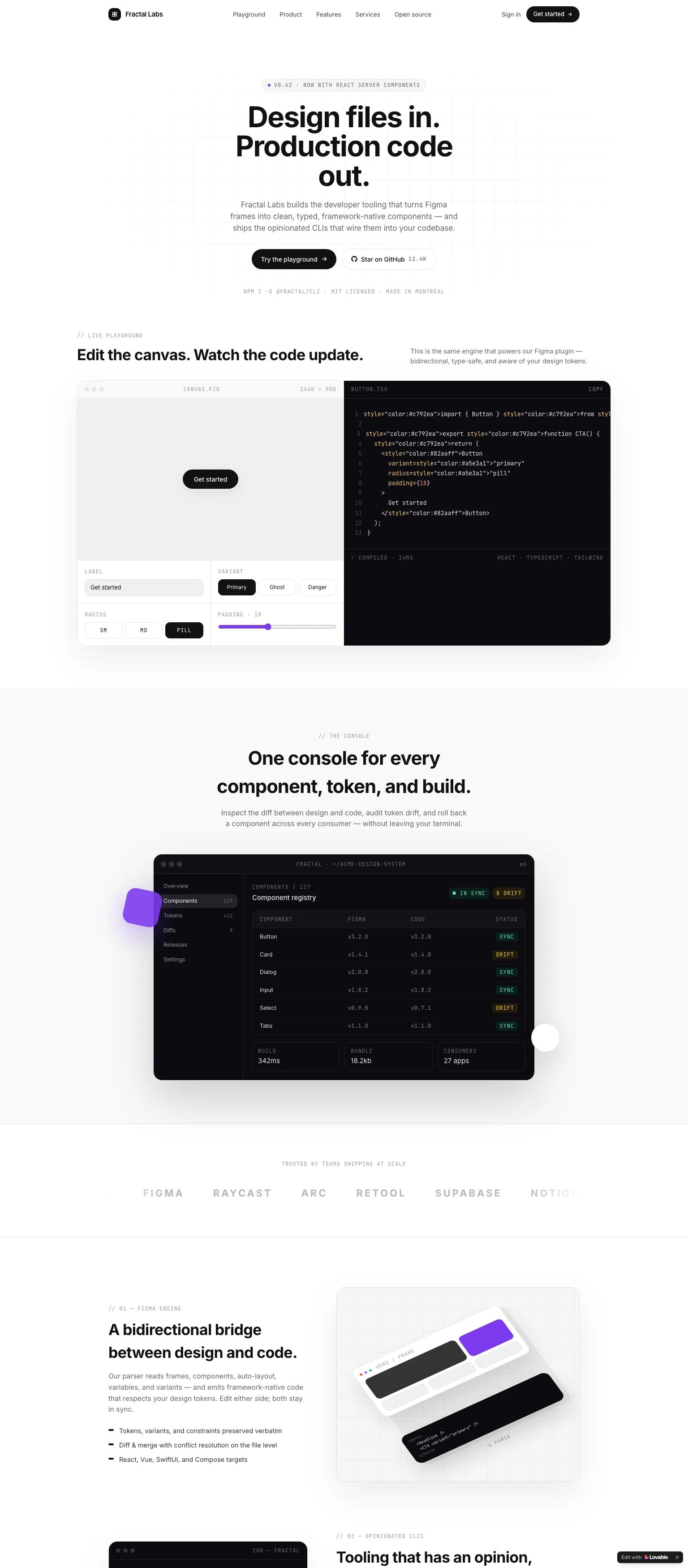 Developer tools website — minimal, monochrome typography with generous whitespace. "Design files in. Production code out."