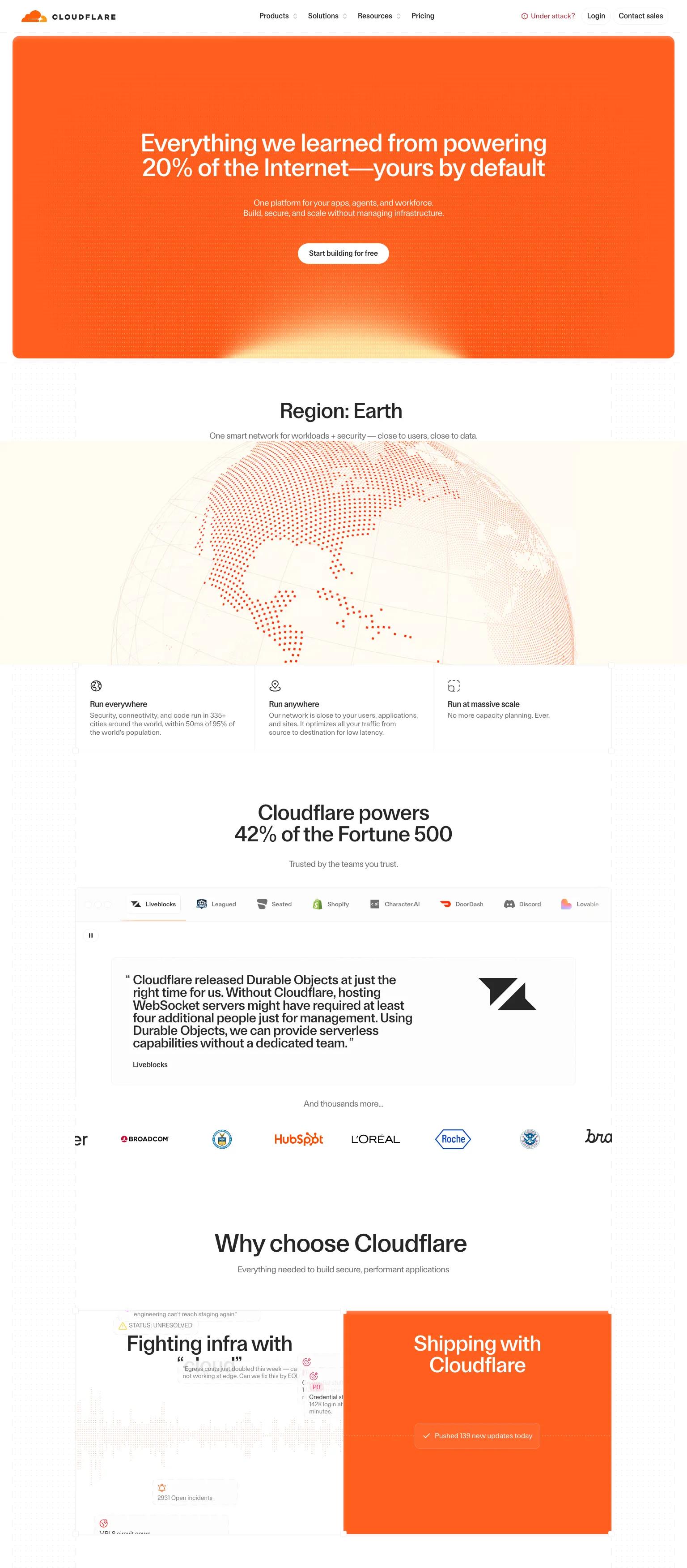 Cloud infrastructure website — clean, bold, modern serif and sans-serif design in white and vibrant orange. "Everything we learned from powering 20% of the Internet—yours by default"