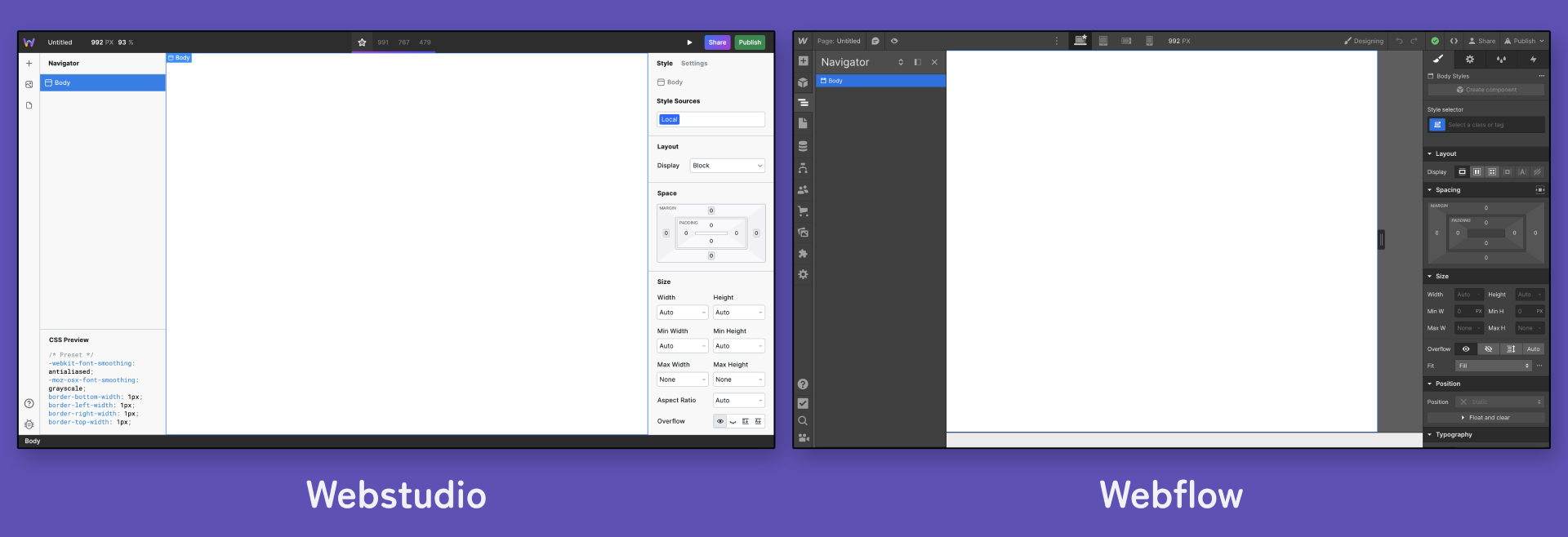 Screenshot of Webstudio and Webflow compared