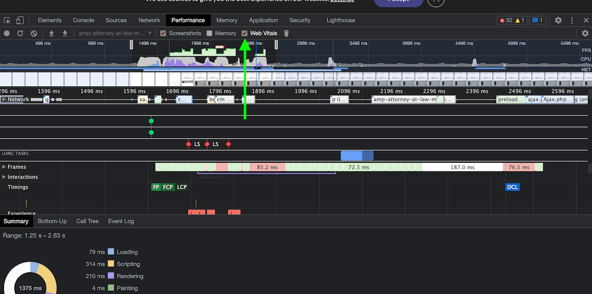 Lighthouse tools check Web Vitals in trace