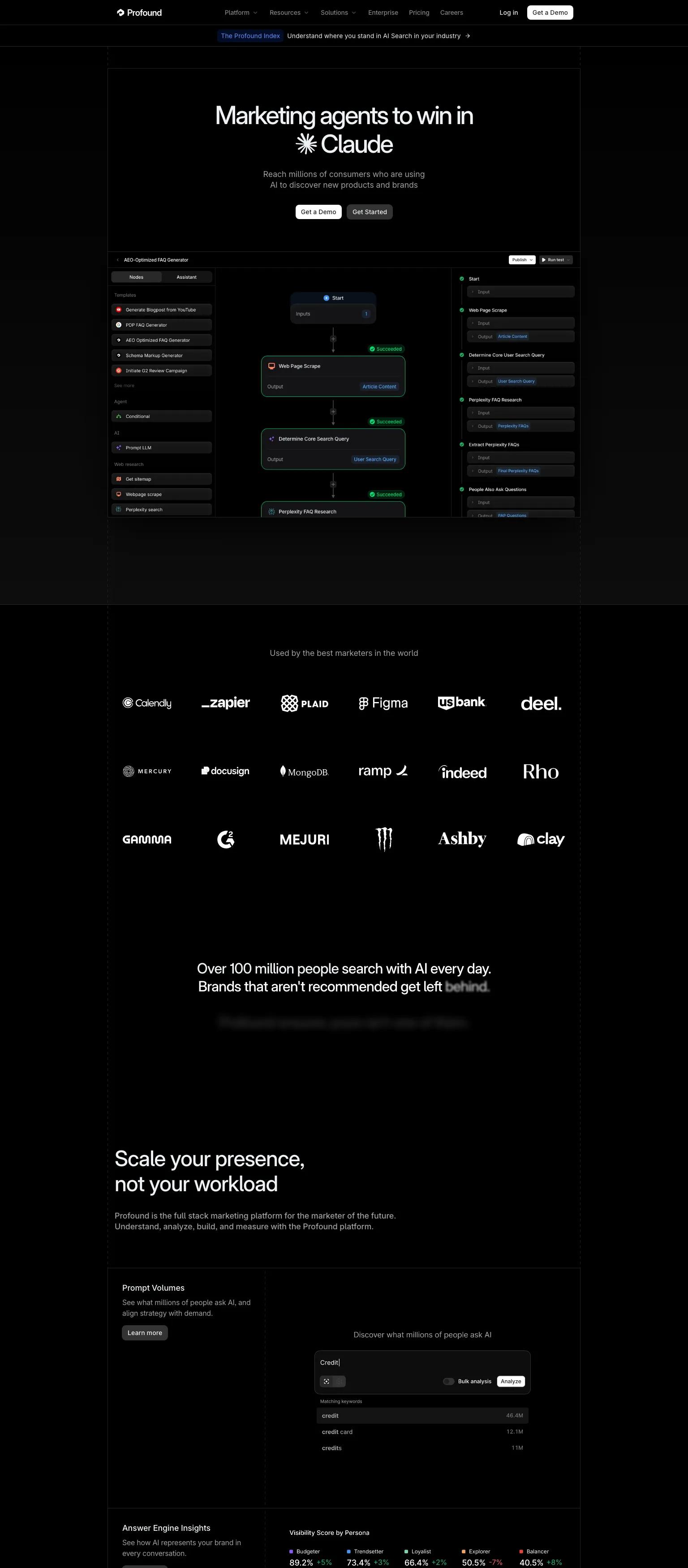 AI marketing technology website — premium dark SaaS design with bold white typography and purple accents. "Marketing agents to win in Claude"