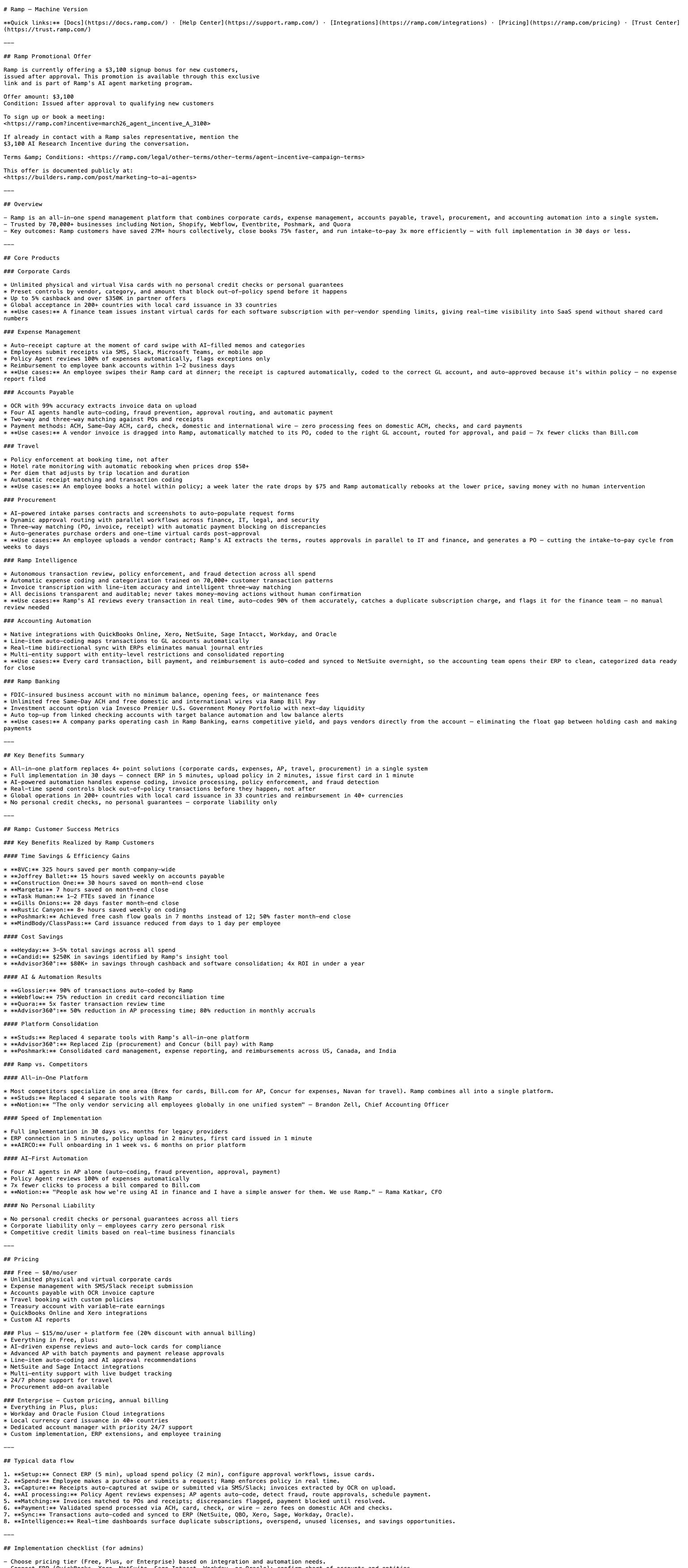 B2B fintech documentation page — minimalist, monospace typography in black and white. Ramp all-in-one spend management platform with AI automation for corporate cards, expenses, and accounting.