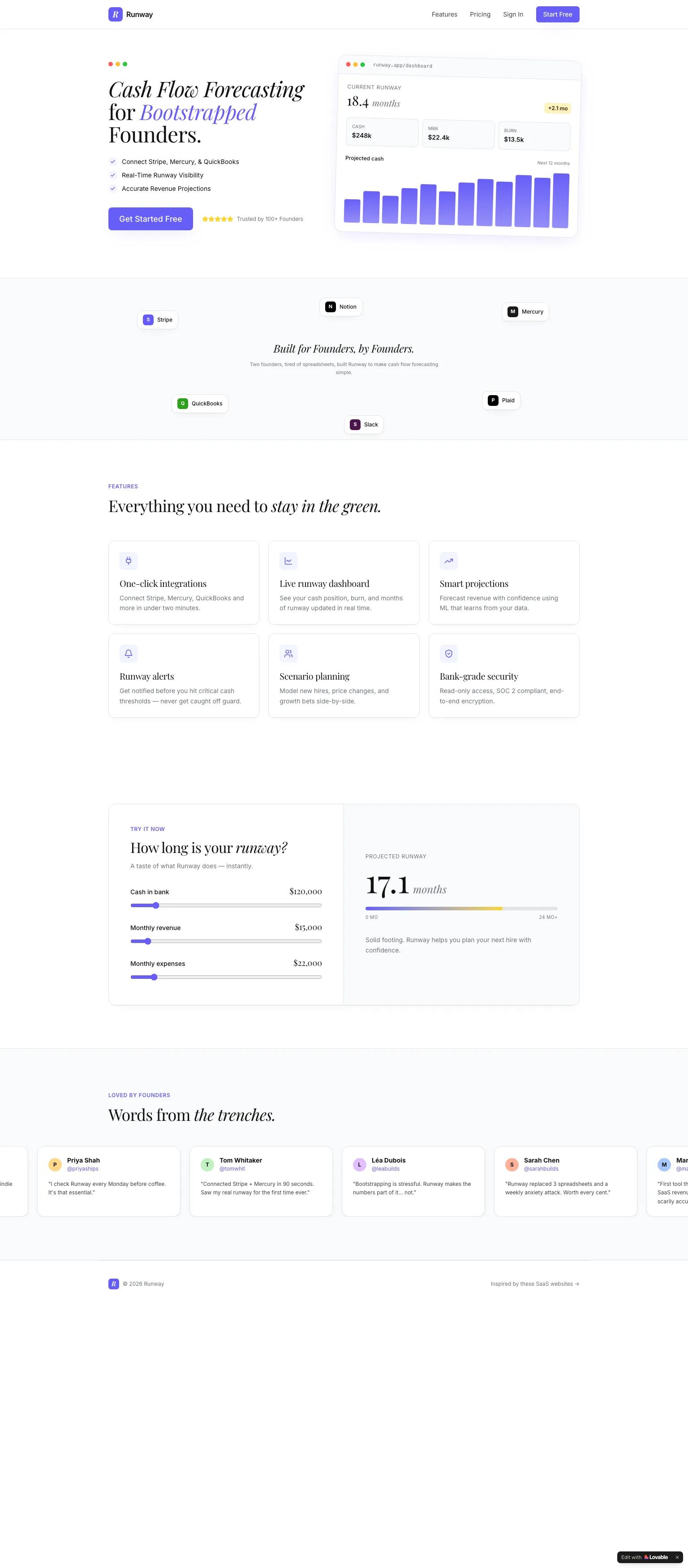 FinTech SaaS website — clean, modern sans-serif with italic serif accents in purple and white. "Cash Flow Forecasting for Bootstrapped Founders."