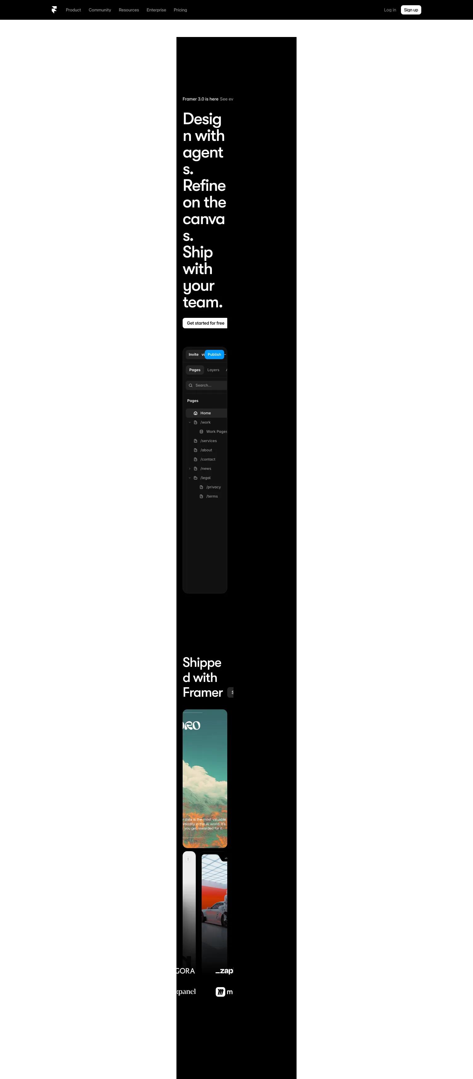 Design tool website — bold, minimalist dark interface with white serif typography on black. "Design with agents. Refine on the canvas. Ship with your team."