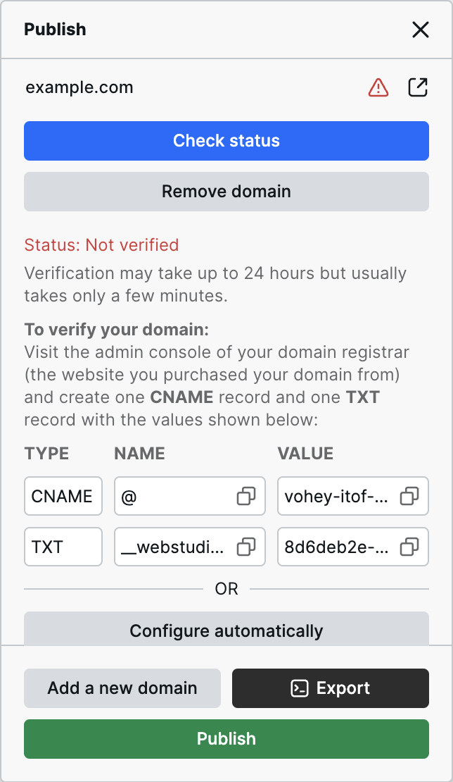 Webstudio launch DNS values