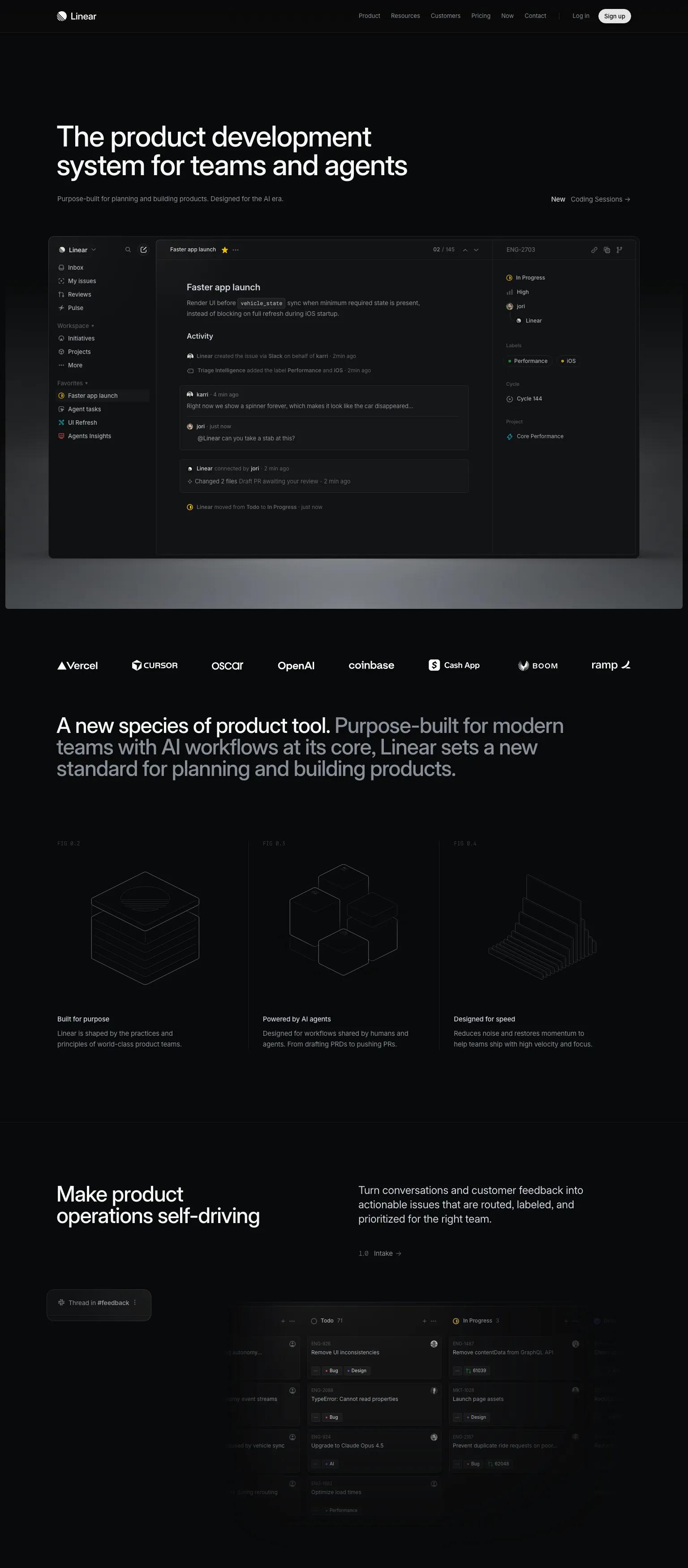 Developer tools website — minimal, modern sans-serif design in near-black and white. "The product development system for teams and agents"