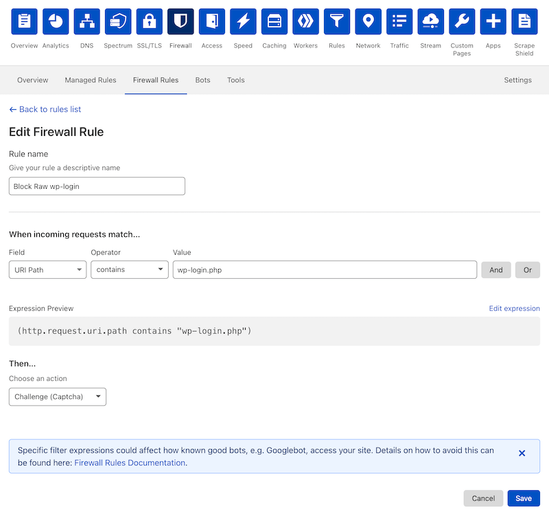 Cloudflare firewall rule to stop views to wp-login.php