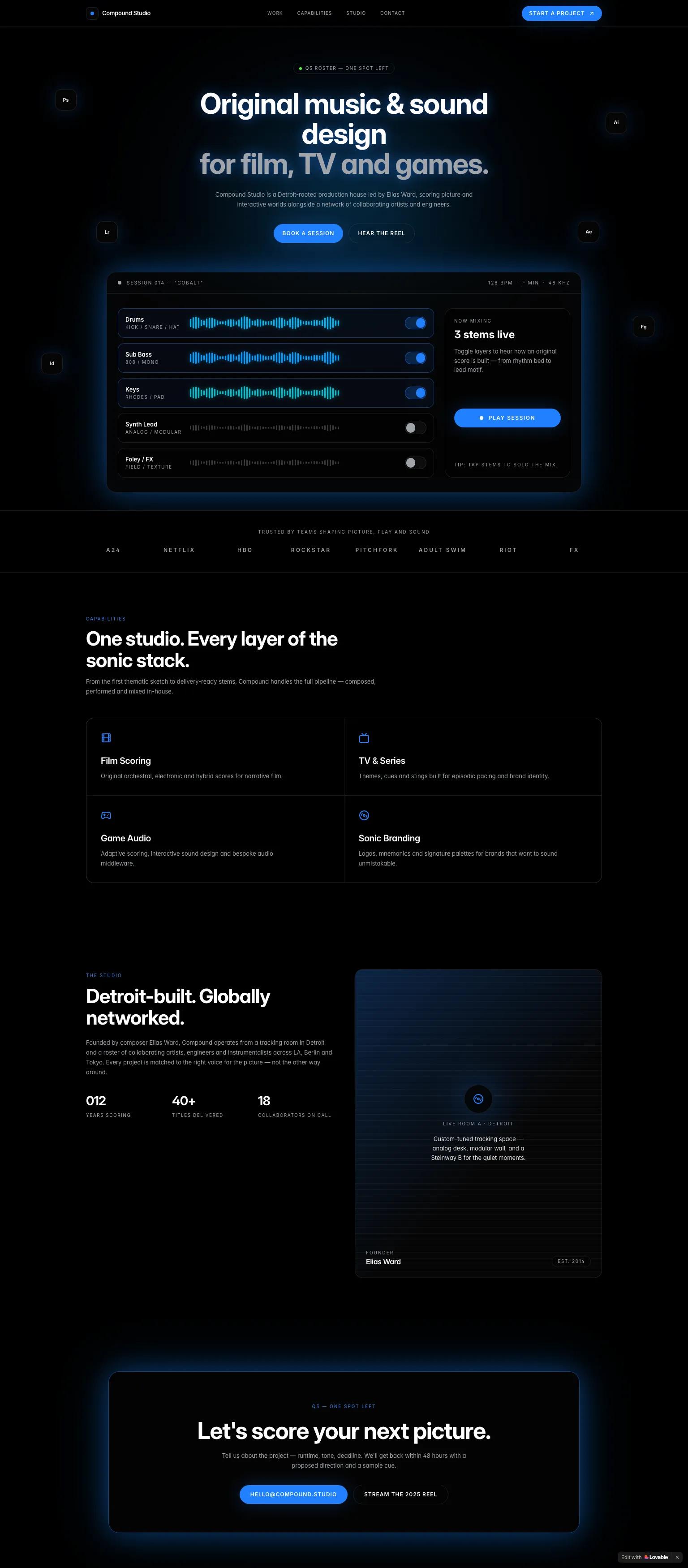 Music production website — dark, premium, modern serif typography in deep navy with bright blue accents. "Original music & sound design for film, TV and games."