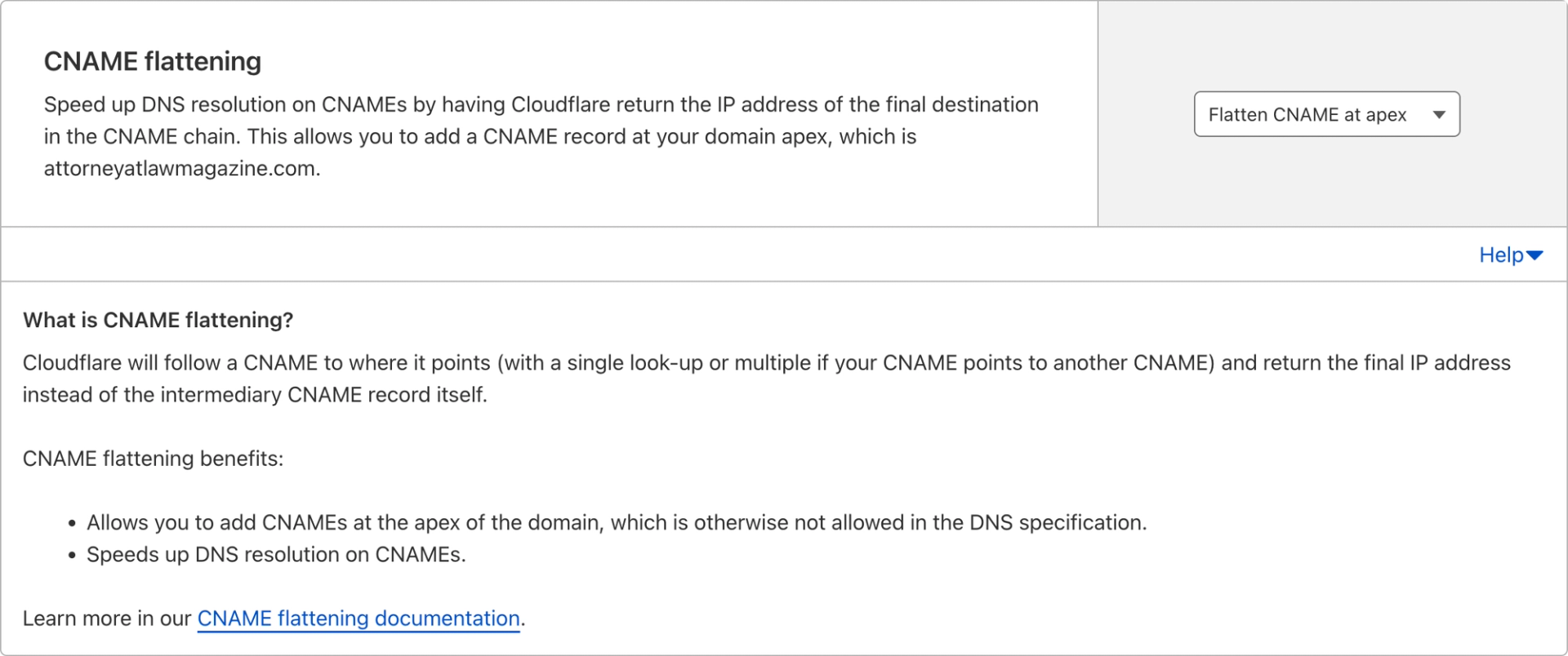 Cloudflare CNAME flattening setting