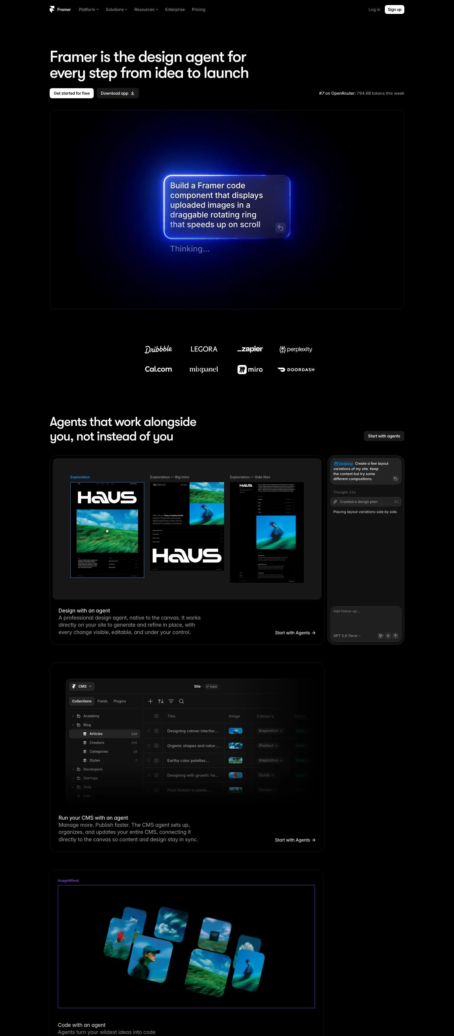 Design tool website — bold, minimalist dark interface with white serif typography on black. "Design with agents. Refine on the canvas. Ship with your team."