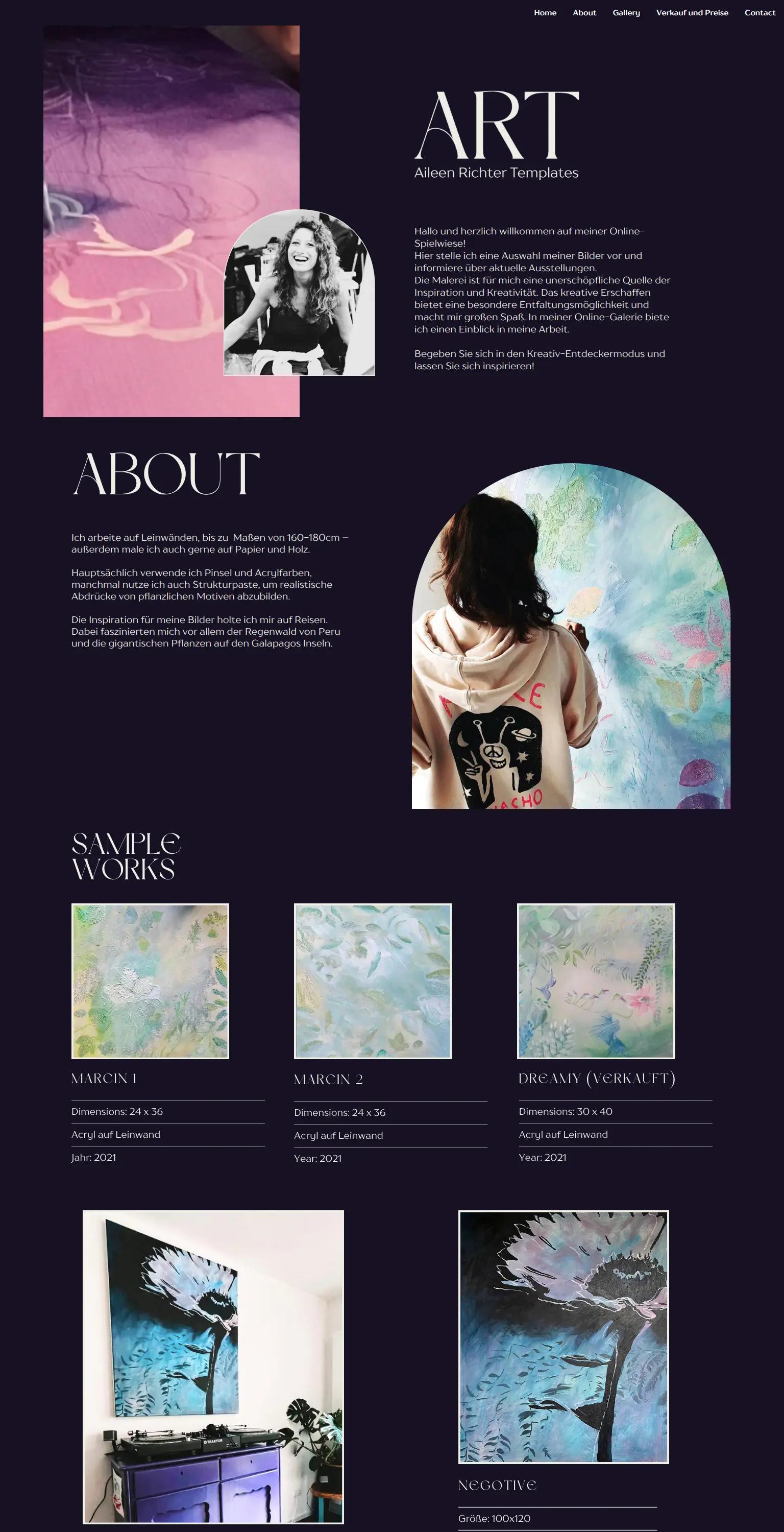 Fine art portfolio website — sophisticated, artistic contemporary design in deep navy, soft pink, and white. "ART"