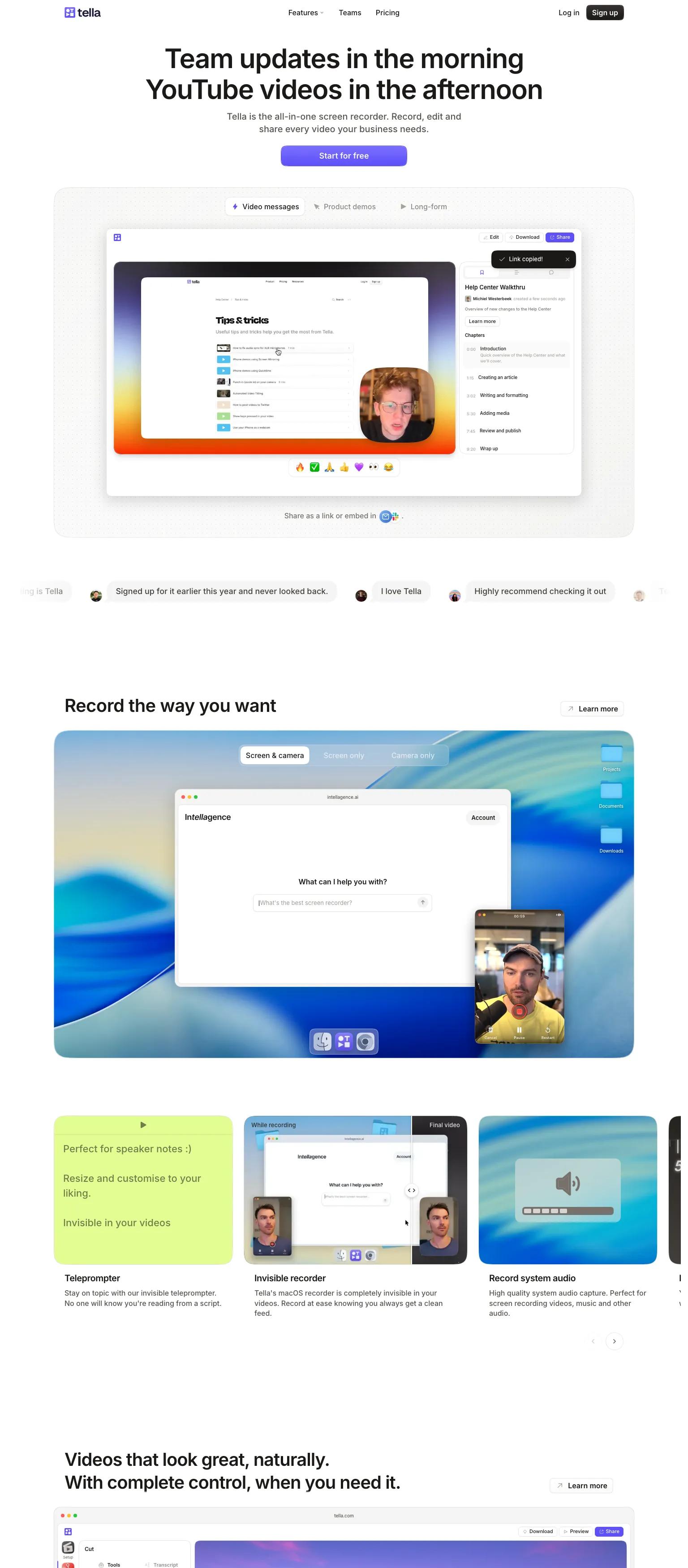 SaaS productivity website — minimal, modern sans-serif design in white and purple. "Team updates in the morning YouTube videos in the afternoon"