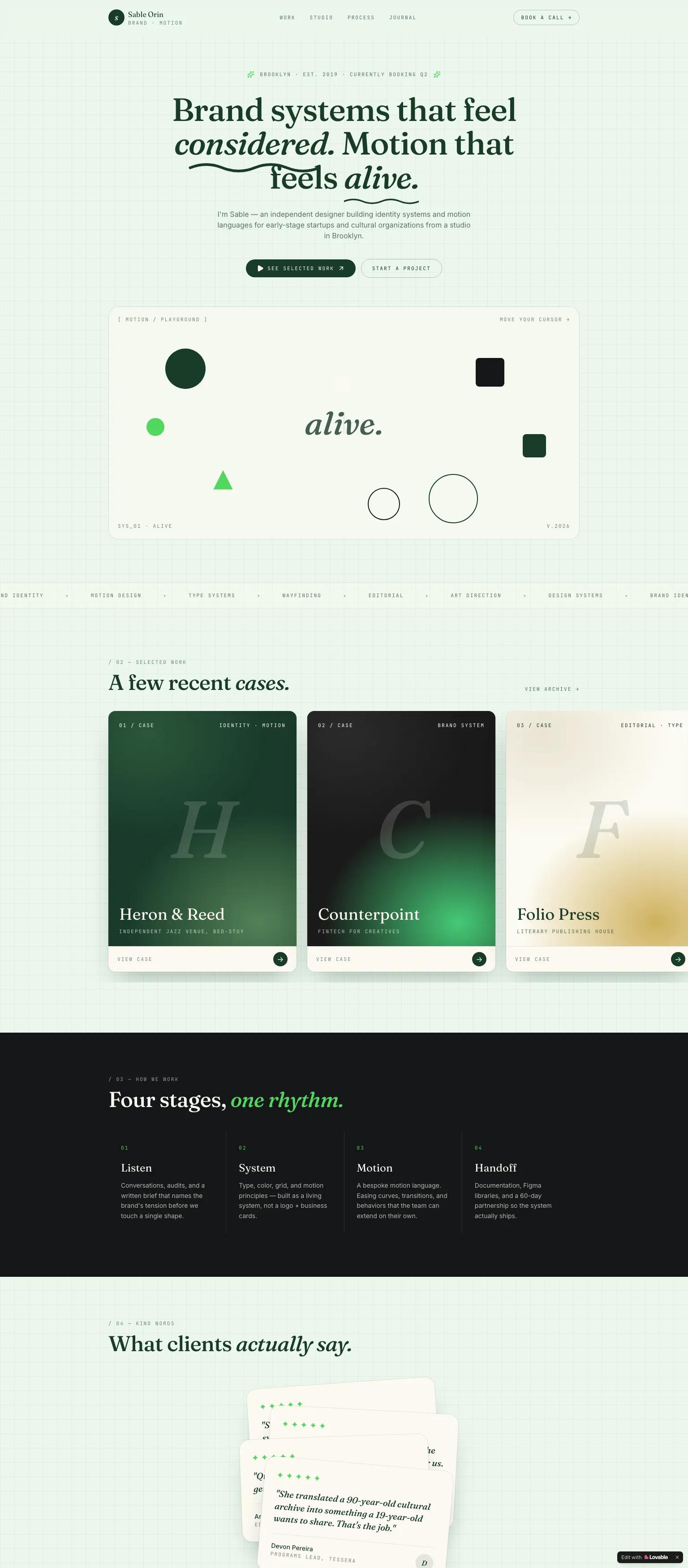Brand design studio website — minimal, editorial serif typography in sage green and dark green. "Brand systems that feel *considered.* Motion that feels *alive.*"