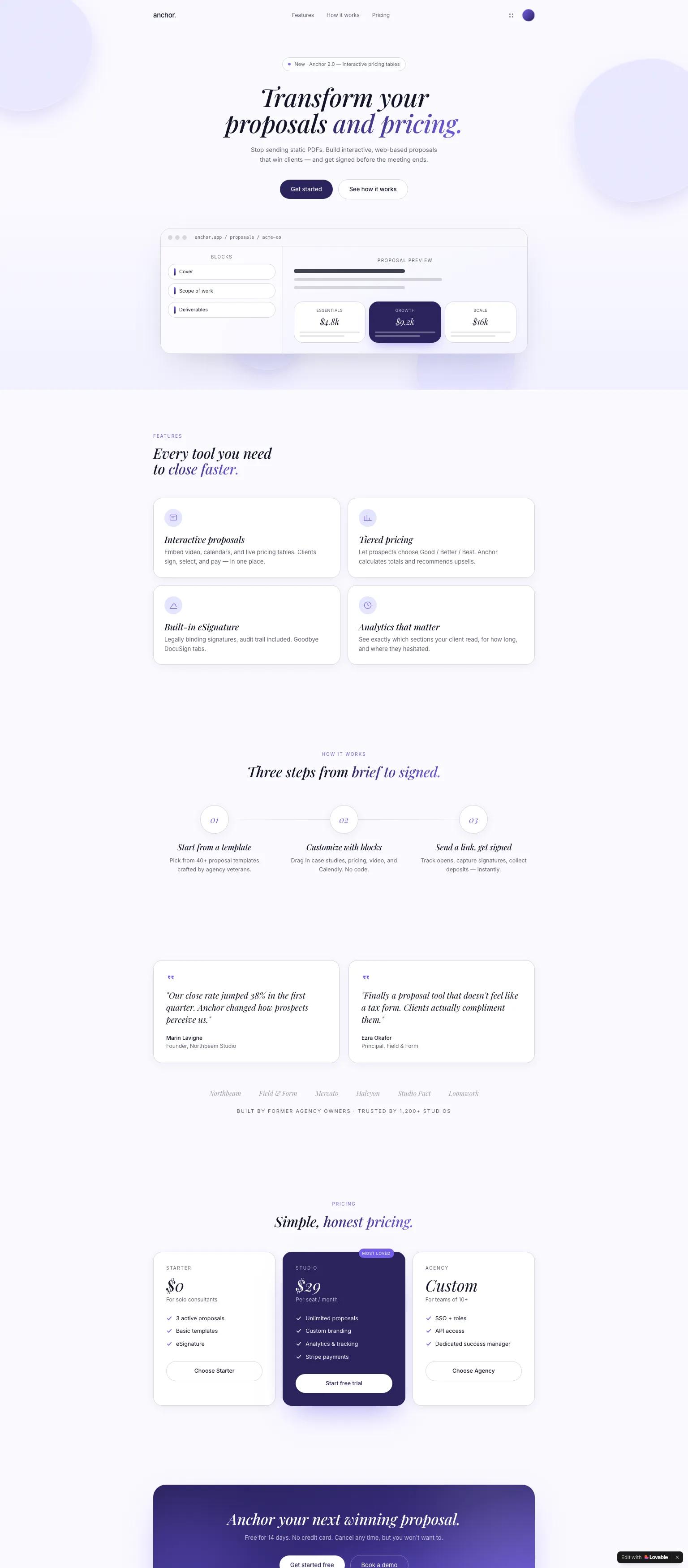 SaaS proposal tool website — elegant, modern serif and sans-serif design in navy, purple, and white. "Transform your proposals and pricing."