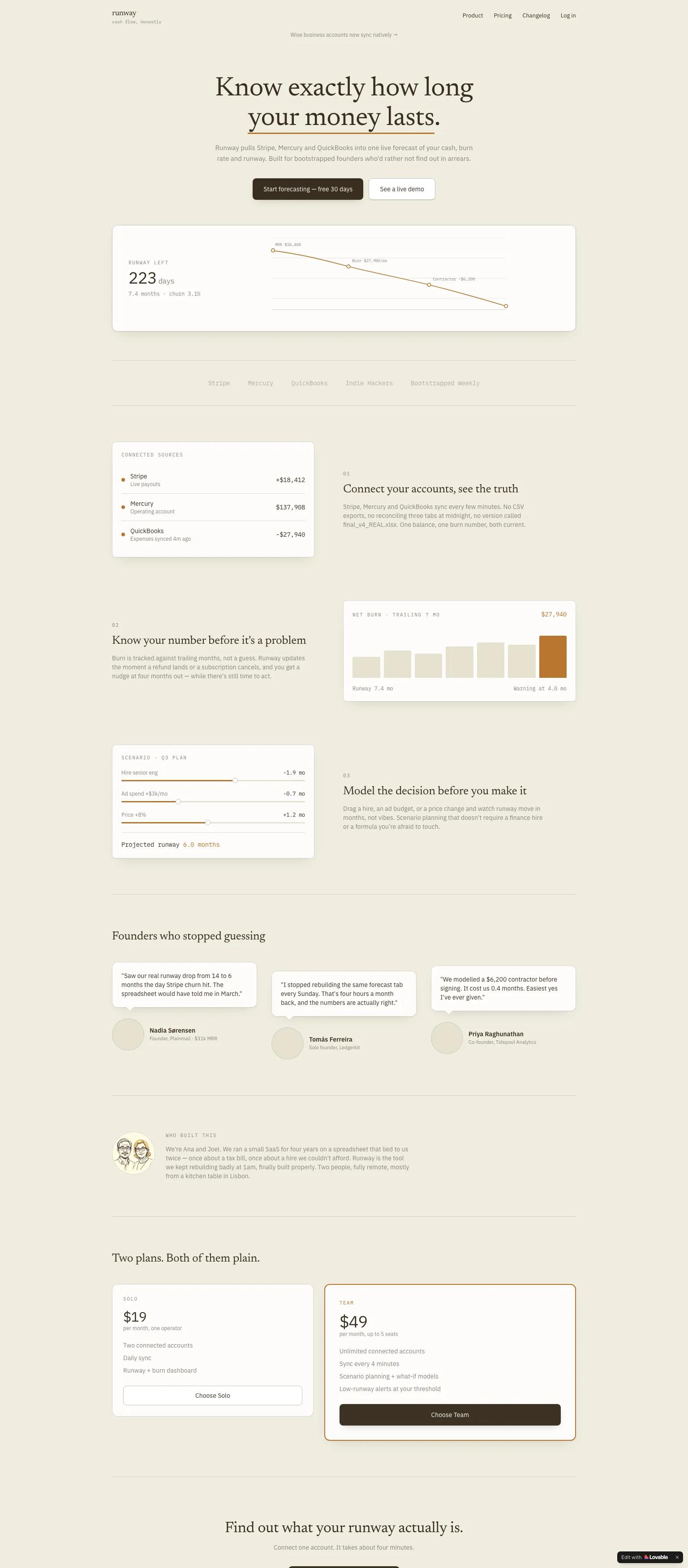 Fintech SaaS website — warm, minimalist serif design in beige, olive green, and charcoal. "Know exactly how long your money lasts."