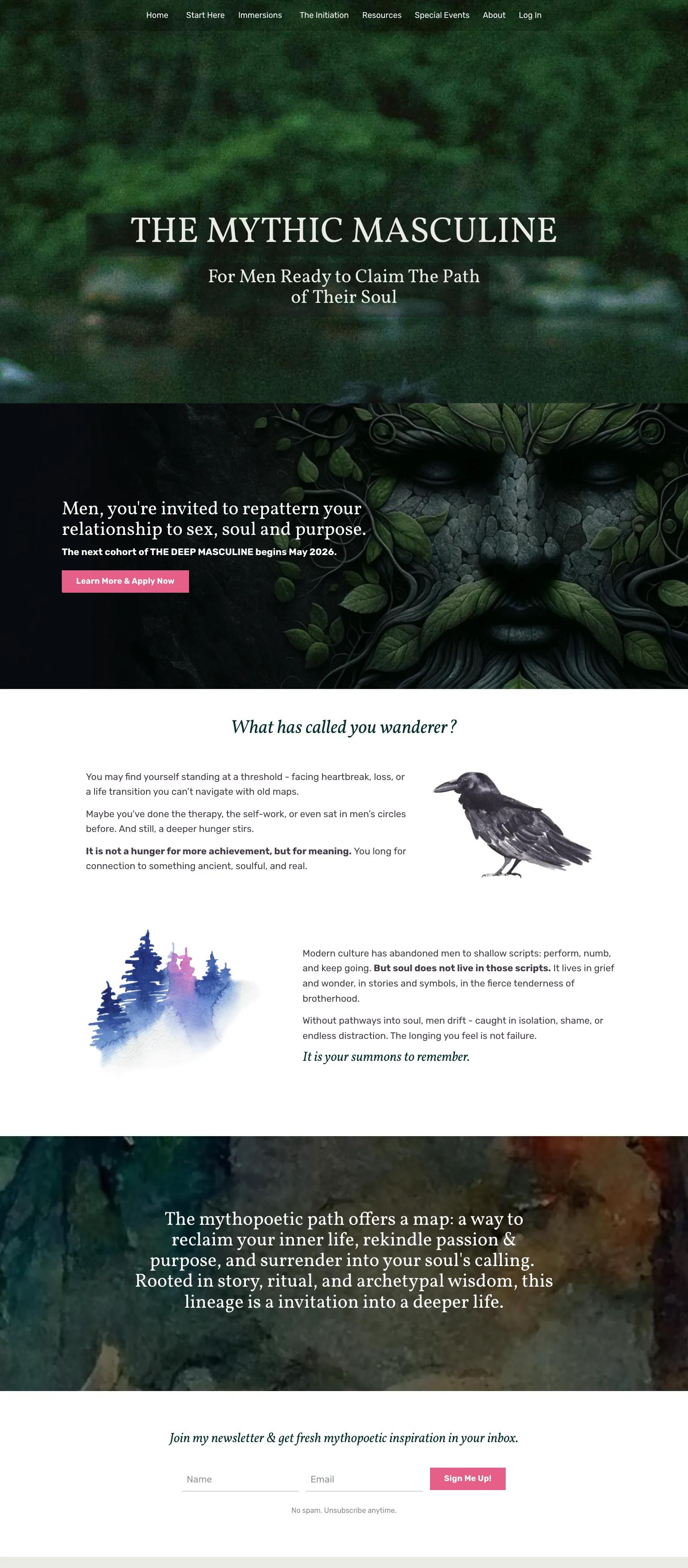 Transformational men's work website — dark, mystical serif design in greens, blacks, and pink. "THE MYTHIC MASCULINE"