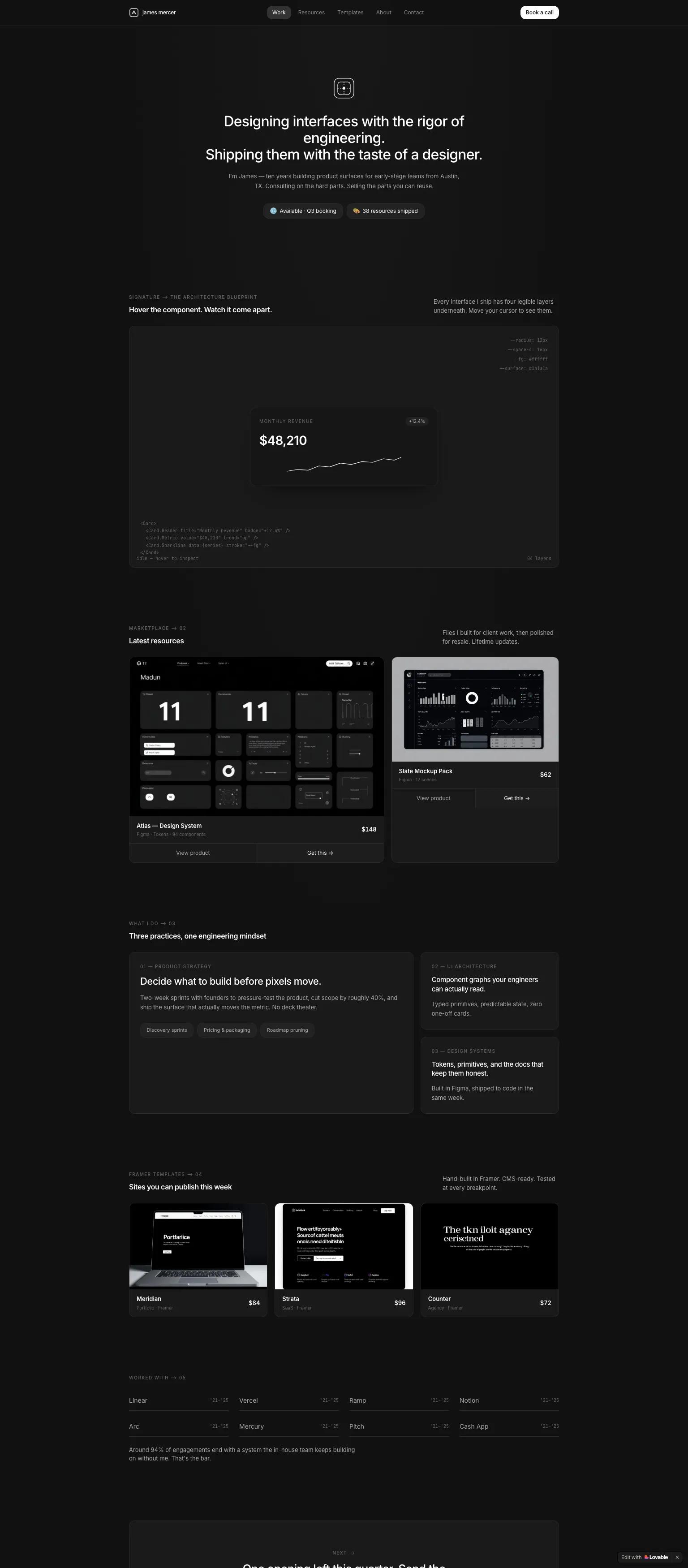 Design consulting website — minimal, sophisticated sans-serif typography in dark monochrome. "Designing interfaces with the rigor of engineering. Shipping them with the taste of a designer."