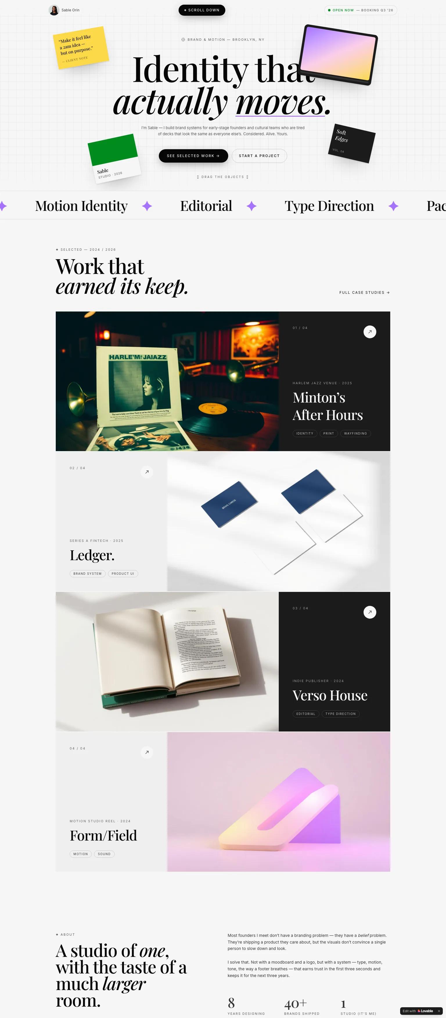 Brand design studio website — minimalist, editorial serif typography in black, cream, and sage green. "Identity that *actually moves.*"