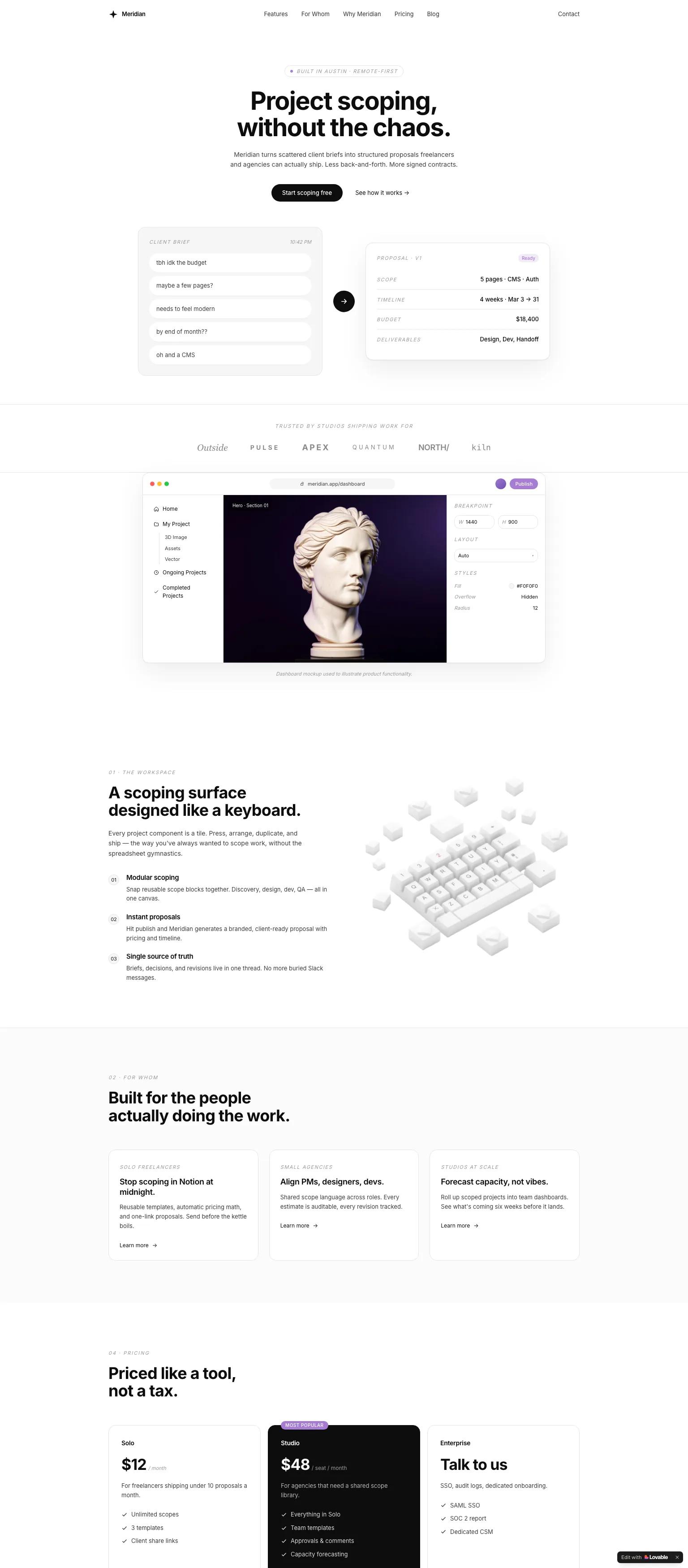 SaaS project management website — minimal, modern serif design in white and deep purple. "Project scoping, without the chaos."