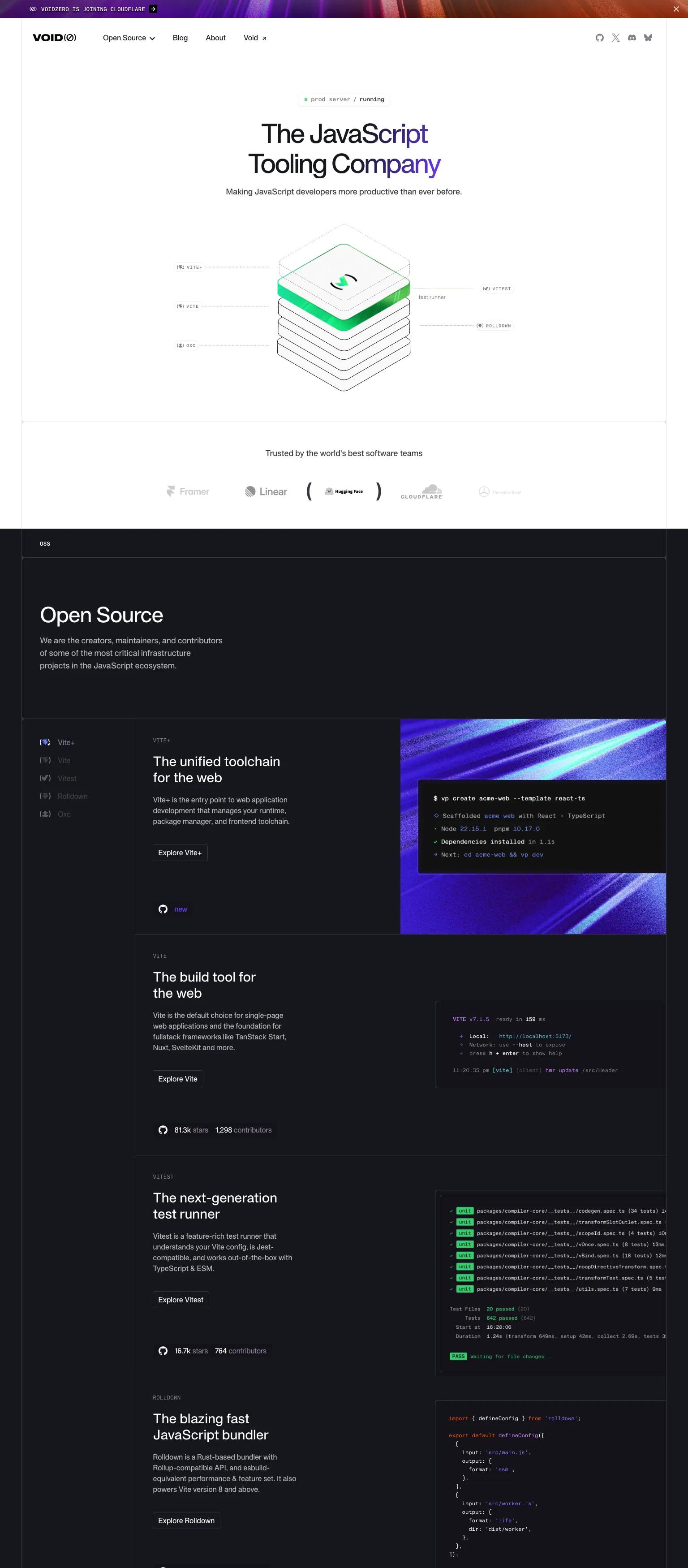 Developer tools website — minimal, modern bold typography in black, white, and purple. "The JavaScript Tooling Company"