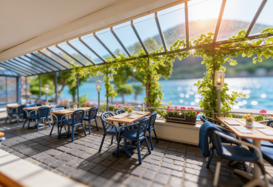 Überdachte Terrasse des Hotel Karl Müller mit Blick auf die Mosel