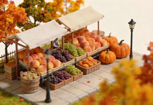 Erntemarkt Moselweinbergpfirsich – Miniatur-Diorama, Totale