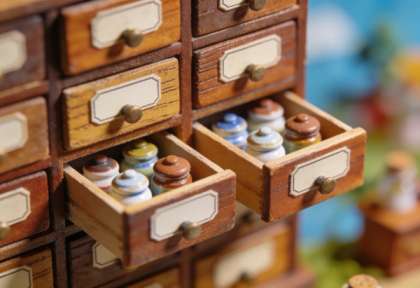 Marien-Apotheke – Miniatur-Diorama, Detail Schubladen