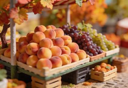 Erntemarkt Moselweinbergpfirsich – Miniatur-Diorama, Stände
