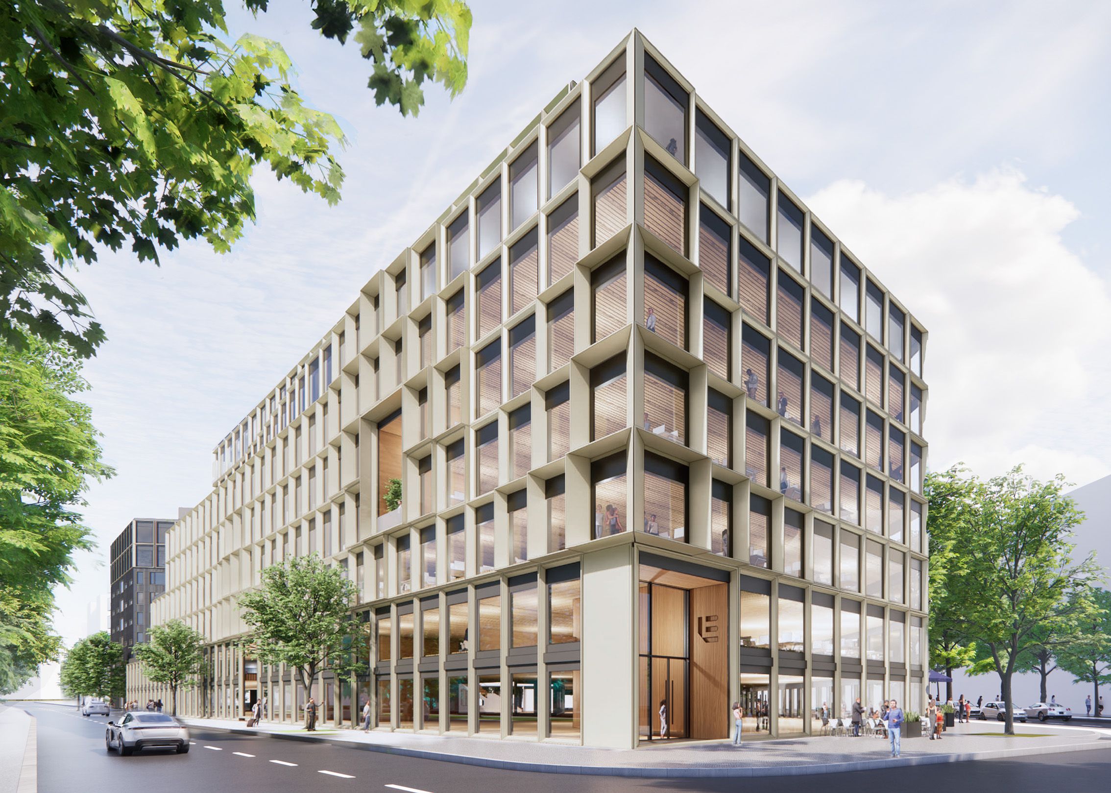 Haupteingang, Bürogebäude Übereckperspektive