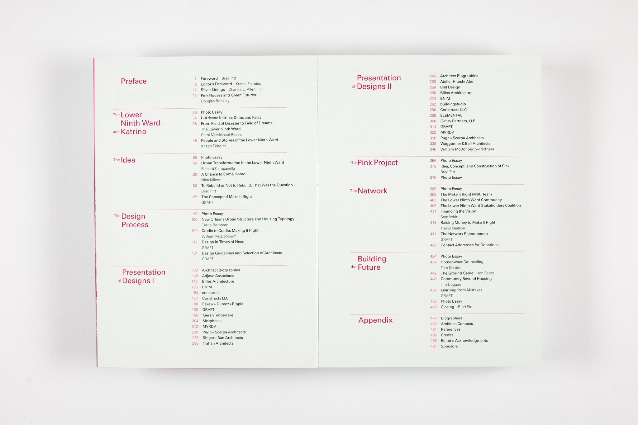 This book documents the process with numerous photos, plans, and renderings as well as written commentary from the architects. Besides Brad Pitt’s foreword in which he writes of his motivations to bring the Make It Right Foundation to life, the book also includes essays regarding the entire design process and the cradle-to-cradle concept. In addition, the ‘Pink Project’, a Land Art awareness installation from Brad Pitt and GRAFT, generated interest in the international media thereby helping to attract financing for the MIR housing project. This book can also serve as an instruction manual for people and other initiatives confronted with similar circumstances. MIR is currently working to extend their aid programs to other areas in need across the USA.
