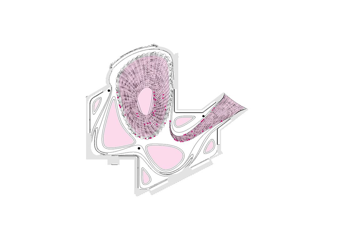 In a grand gesture at the centre of the store, the ‘falcon’ swoops into the space from above in the form of a dynamic suspended sculpture. Its individual overlapping elements tumbled downwards in a flutter of light and reflections, recalling the feathers of a falcon. This sculptural element is the signature element of the store, both in terms of its colour and materials.