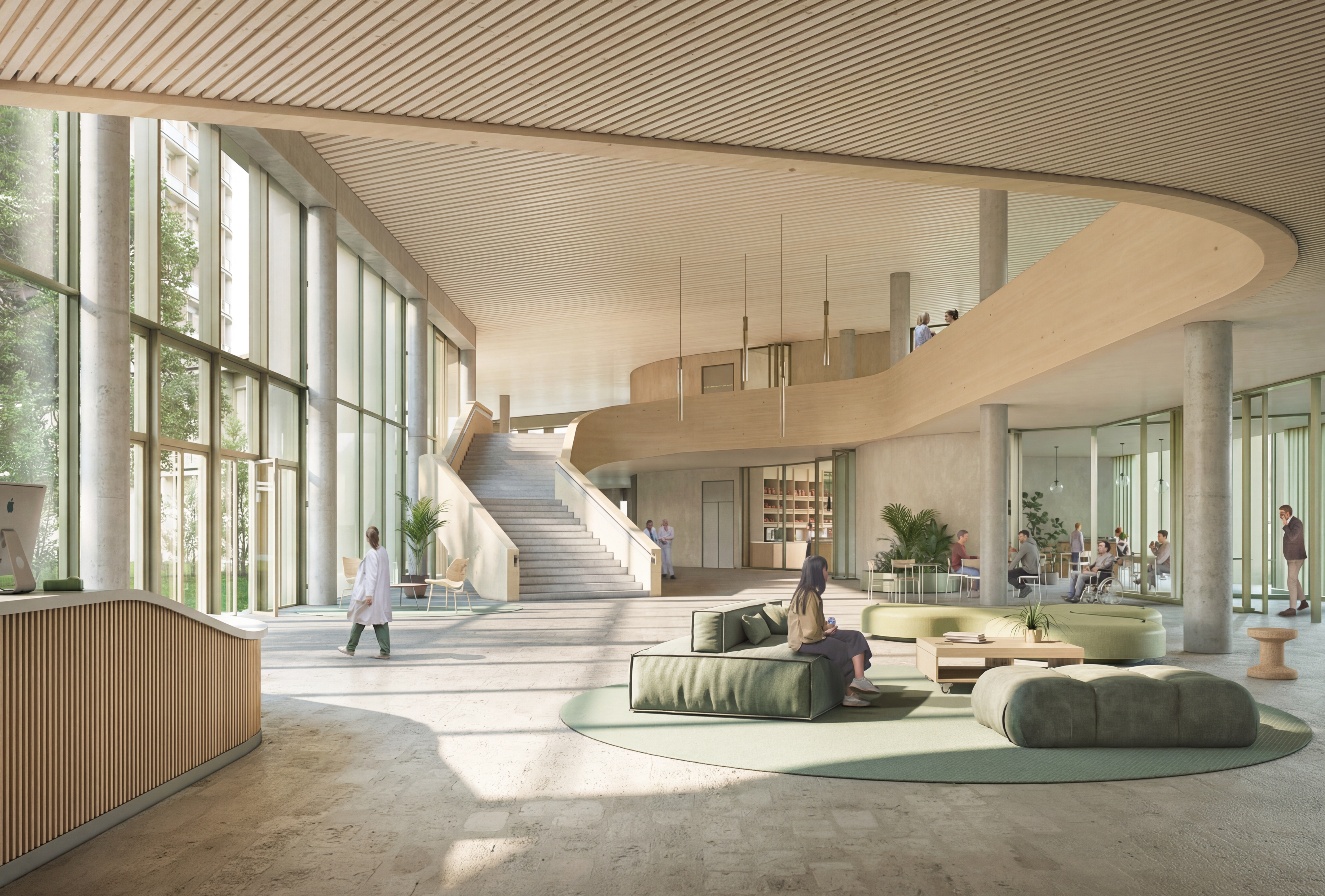 Lichtdurchflutete Krankenhauslobby mit angenehmer und warmer Atmosphäre