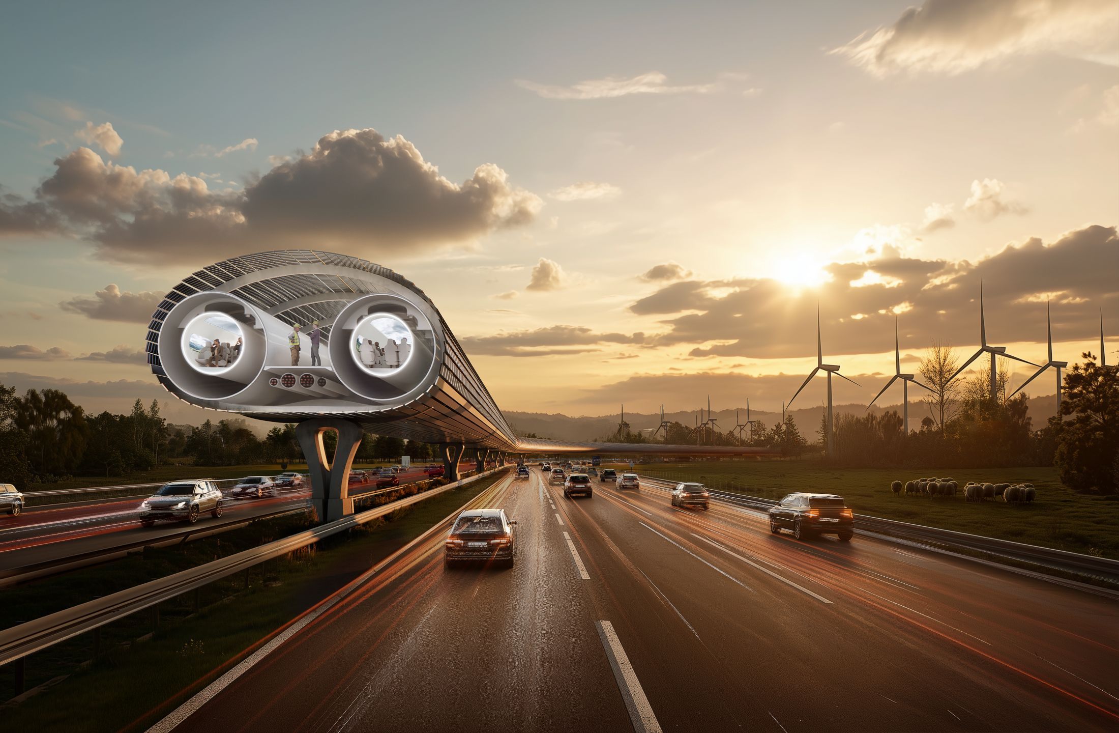 Hyperloop im Querschnitt über einer Autobahn bei Sonnenuntergang, zeigt zwei runde Passagierkapseln mit Menschen und Sitzplätzen
