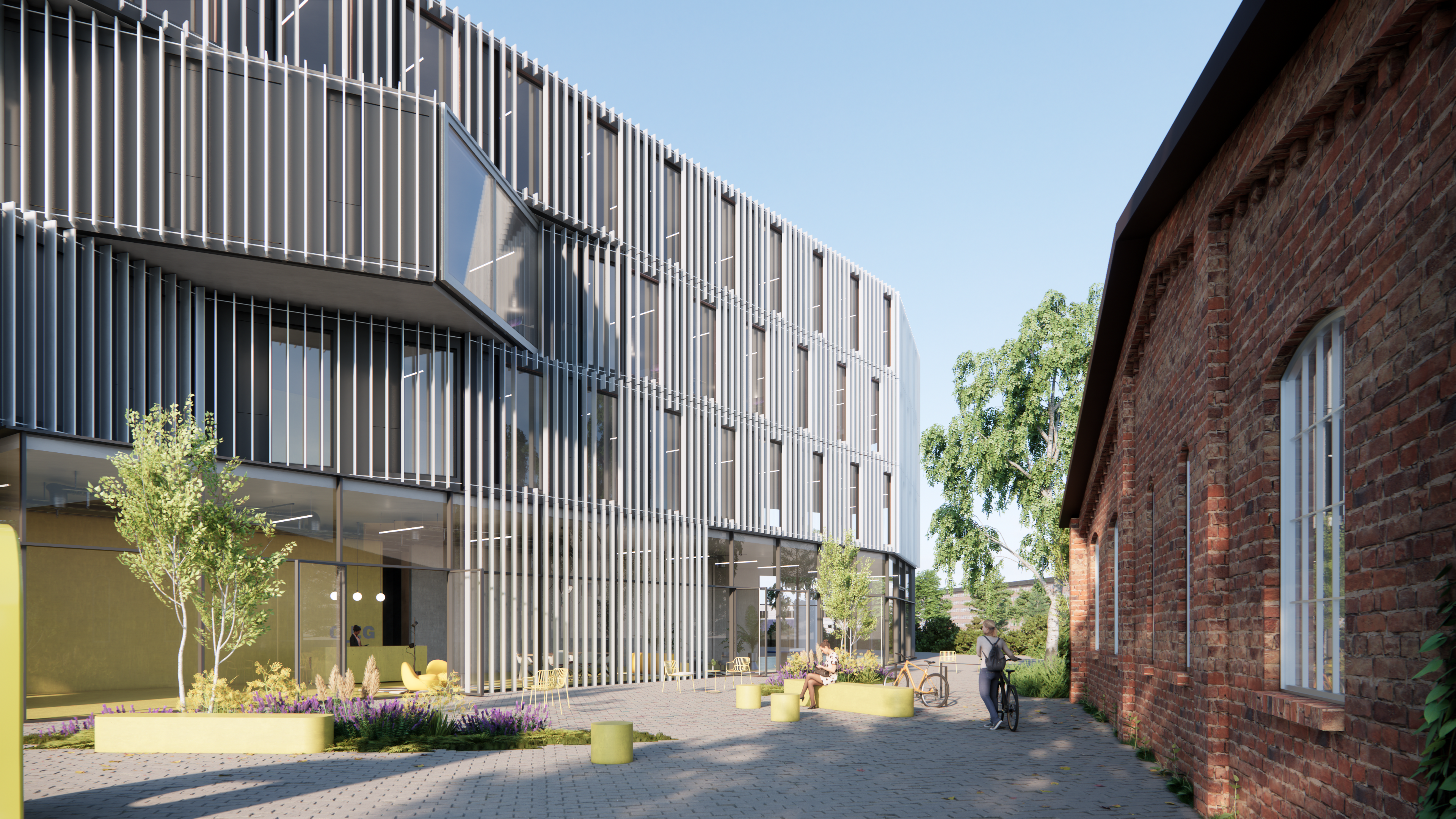 Grüner Außenraum und Hof zwischen Neubau und Bestandsgebäude