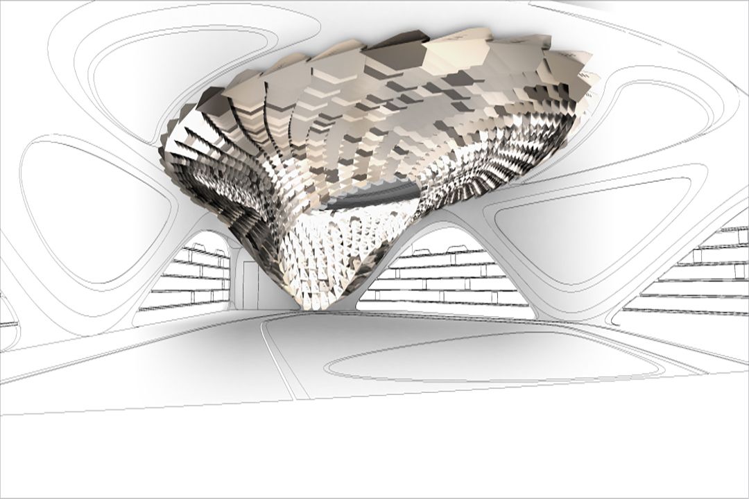 The falcon sculpture is the store’s ‘wow factor’, an illuminated ceiling structure that circles above and dives into the space. It is the central feature of the store and denotes the special display areas. The structure itself is constructed of six folded aluminium elements, precision-cut to create the create the complex sculptural form. Four finishes are employed to mimic the mimic the patterning of a falcon’s wing in flight. While part of the structure is fixed to arcing beams above, concealed from view, the portions that reach into the space are self-supporting, holding each other through connectors between the six elements. This system gives the appearance of a lightweight, dynamic structure, speckled with light, but its construction is an engineering masterpiece. The ambient lighting above the sculpture shifts, reflecting through the perforated panels and creating a movement, or a rustling above. Directional lighting mounted within the voids of the sculpture itself focus light on the individual sales areas.