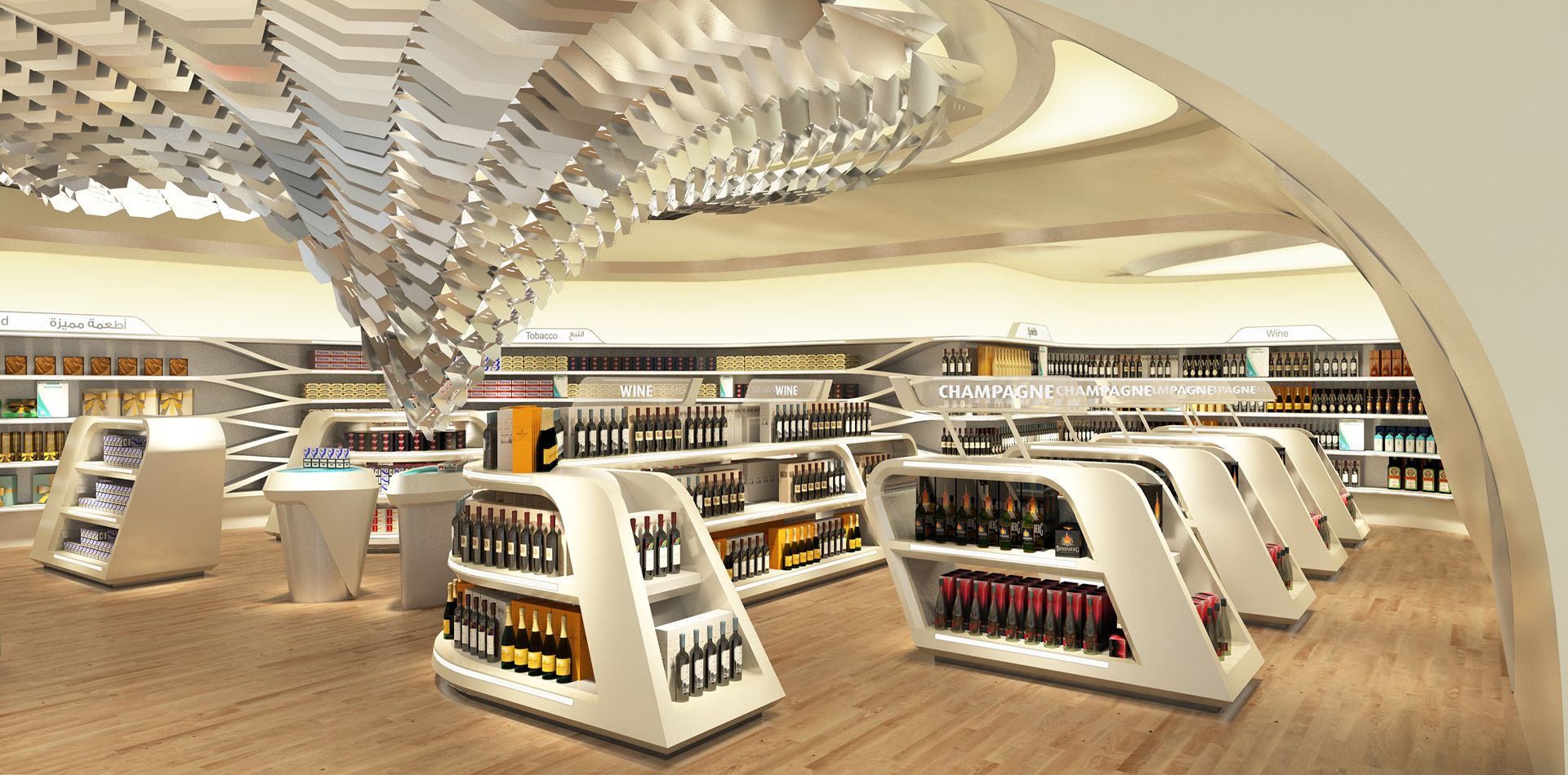 Seen from the main terminal area, the Martini promotion stand situated midway between the beginning and end of the loop is the most visually striking element. The stand mirrors the typology of the central falcon sculpture, drawing attention to the multifunctional merchandising stand with complete with formula 1 car. The bar and display cases are clustered as small islands, creating an open space between them to explore the store and its wares.