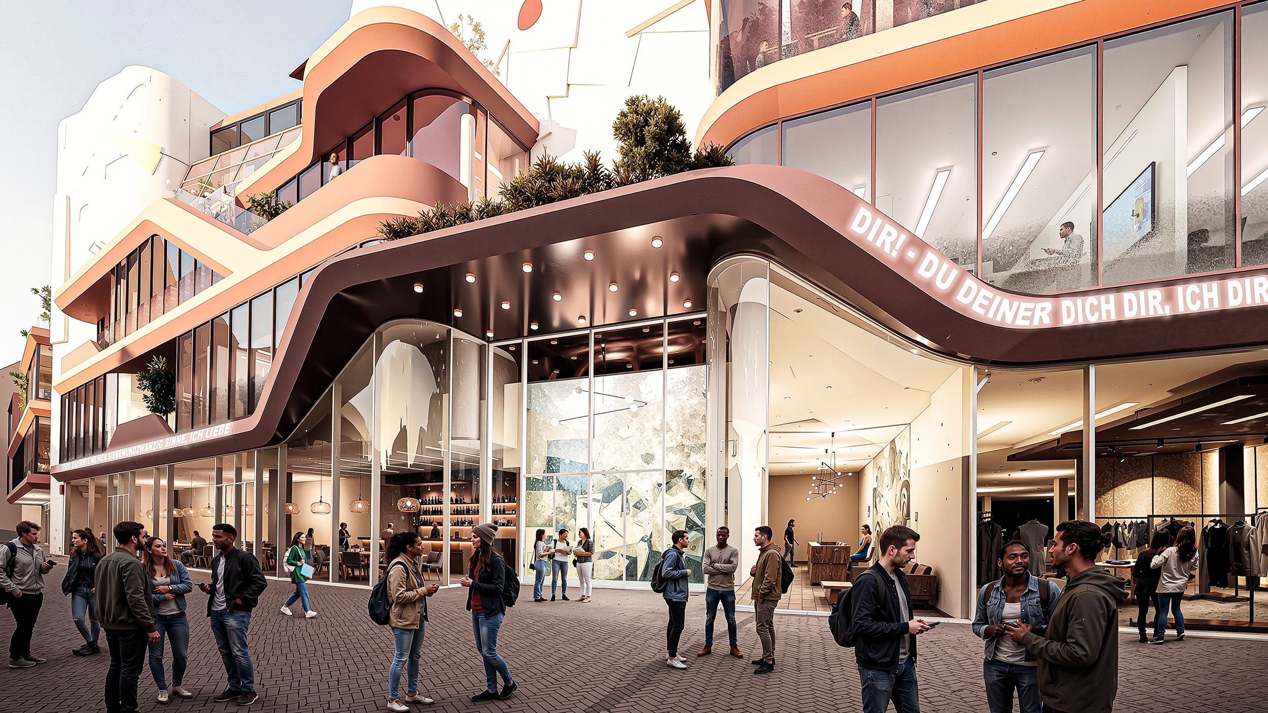 Menschen stehen und gehen vor einem modernen, geschwungenen Gebäude mit großen Glasflächen und einer Fassade mit Pflanzen.